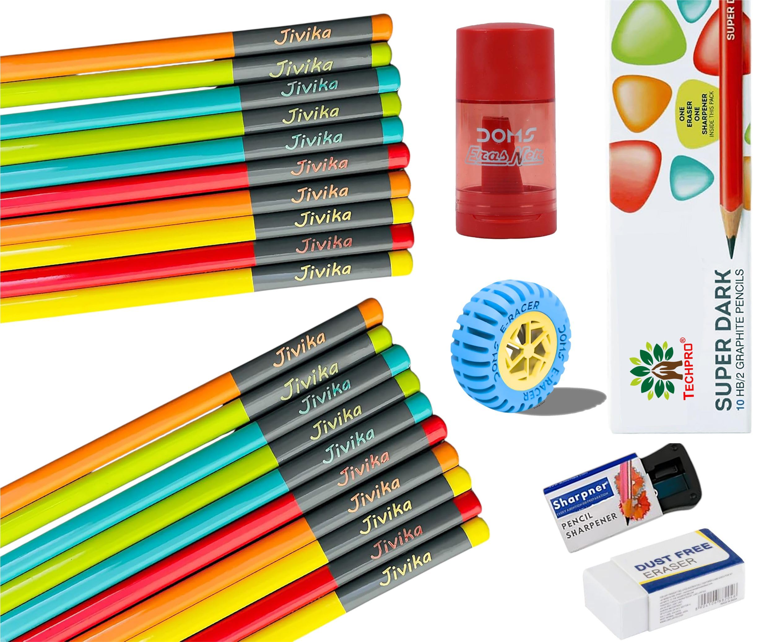 Techpro Customized Name Pencil Set for Kids with Free Eraser & Sharpener, Custom Name HB Pencils for School, Writing, Birthday Gifts & Return Gifts (10)-image-26