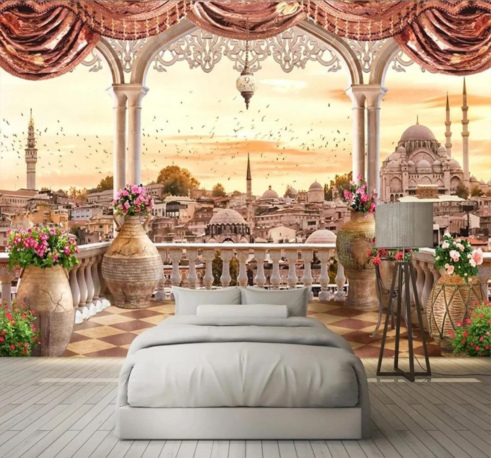 XLMING Retro Urban Architecture Castle Balcony Scenery 3D Wallpaper Silky Texture Home Study Office Grey Dining Room Sofa Bedroom Living Room TV Backdrop-430cm×300cm
