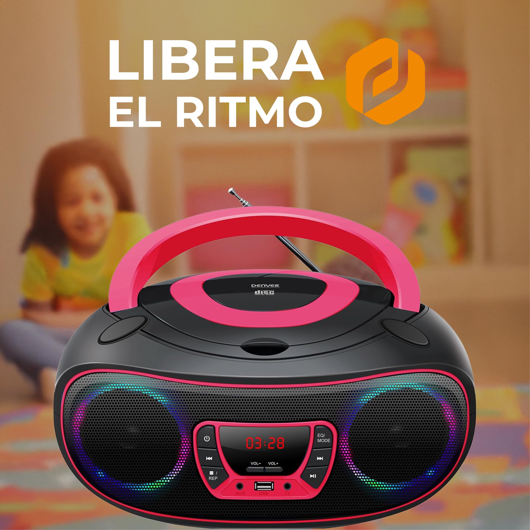 Denver TCL-212BT Boombox CD Bluetooth, Radio FM, USB MP3, AUX, Toma de Auriculares, Altavoces estéreo, Rosa