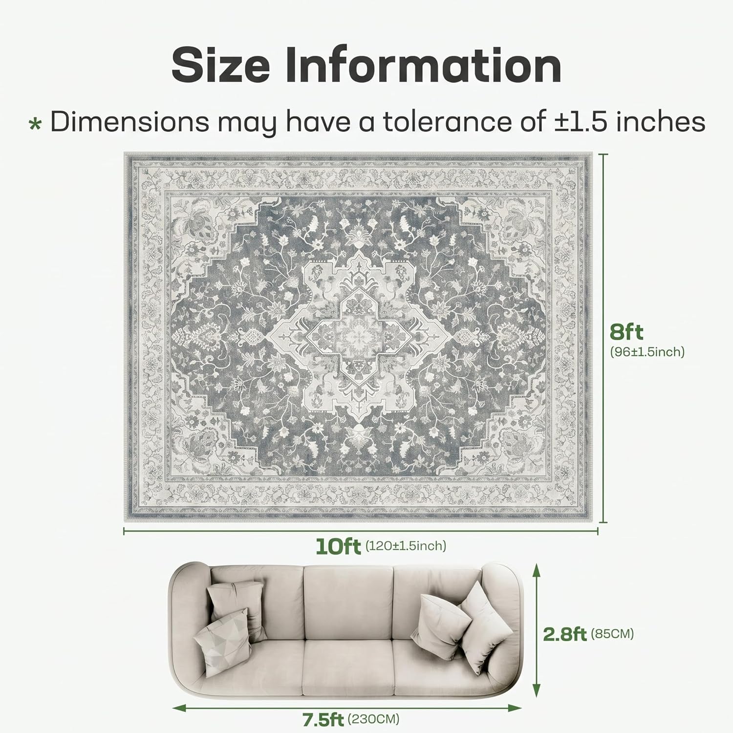 Marsail 8x10 Machine Washable Area Rug, Soft Low-Pile Carpet with Non-Slip Backing and Durable Bound Edges, Vintage Floral Design for Living Room and Bedroom, Dove Grey