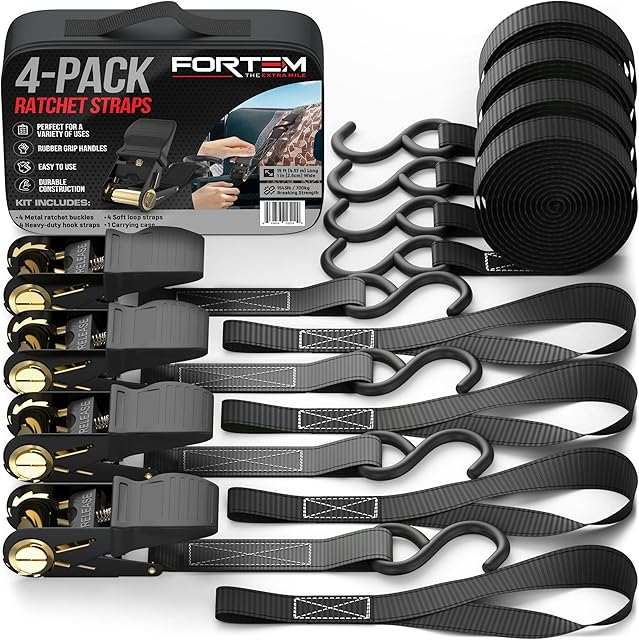 FORTEM Ratchet Tie Down Straps, 4X 4.6m Securing Straps, 4X Soft Loops 680kg Break Strength, Rubber Coated Metal Handles, Plastic Coated Metal Hooks, Carrying Case (Black)
