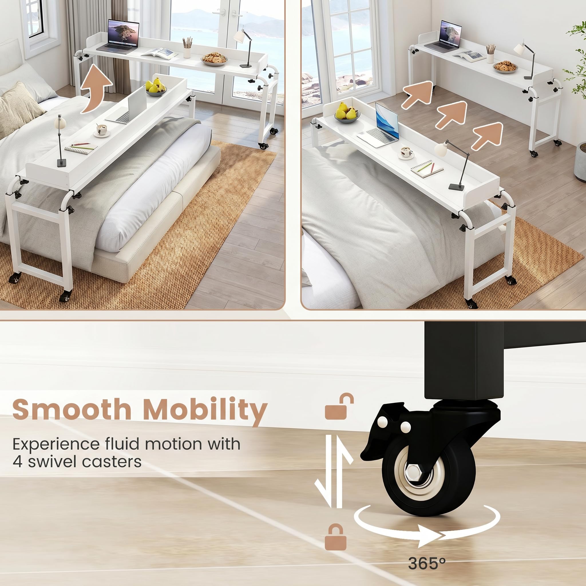 GIANTEX Mesa de cama con 4 ruedas, mesa de ordenador portátil con altura y longitud ajustables, 135,5-206 x 40 x 73,5-102,5 cm, mesa de aseo, mesa para ordenador portátil, para dormitorio, estudio