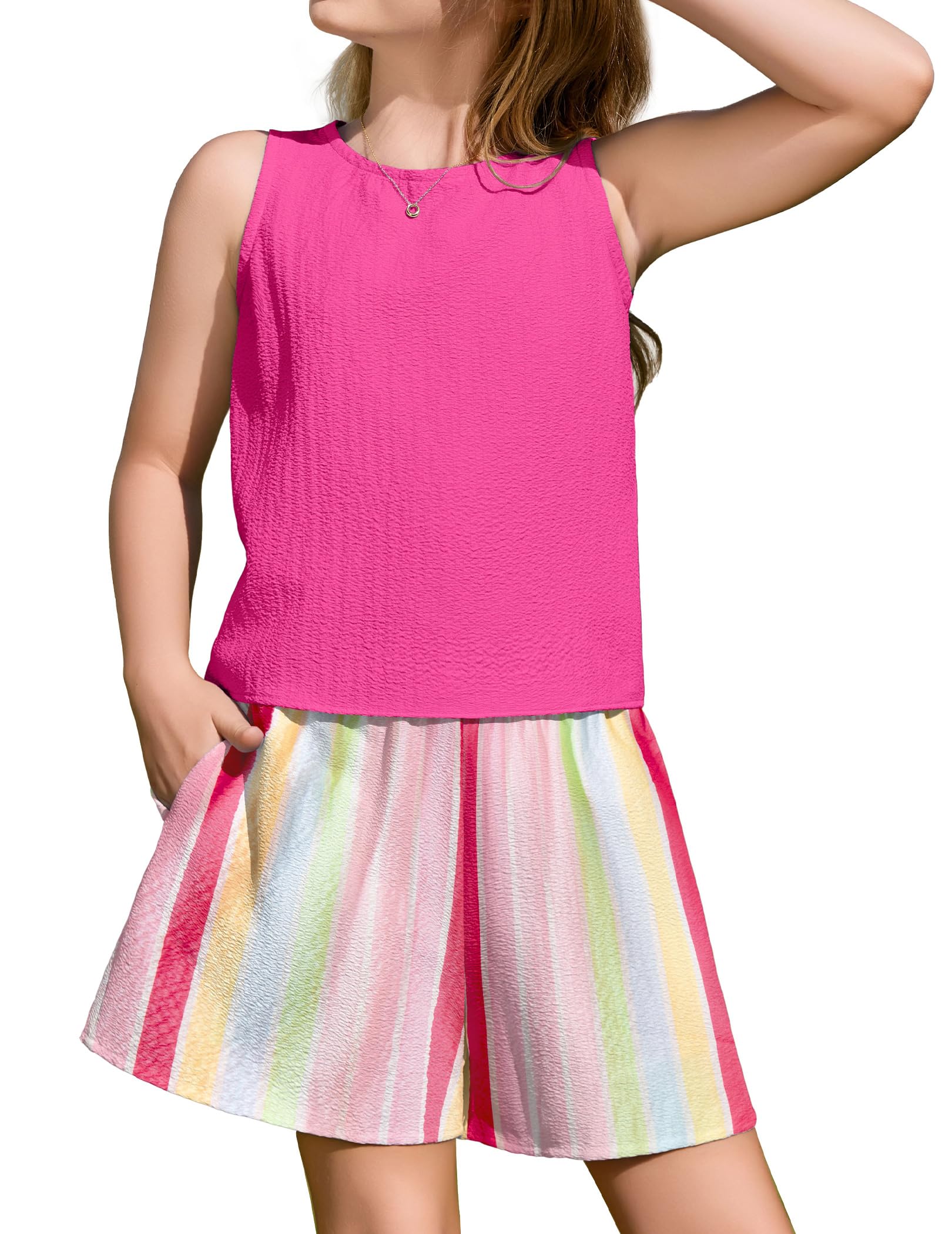 Arshiner Bekleidungssets Mädchen Sommer Lässige Mode Kinder Zweiteilig Kleidung Sets Shorts Einfarbig Tanktop und Shorts Sets Kinder 2-teiliges Strand-Outfits 5-13 Jahre