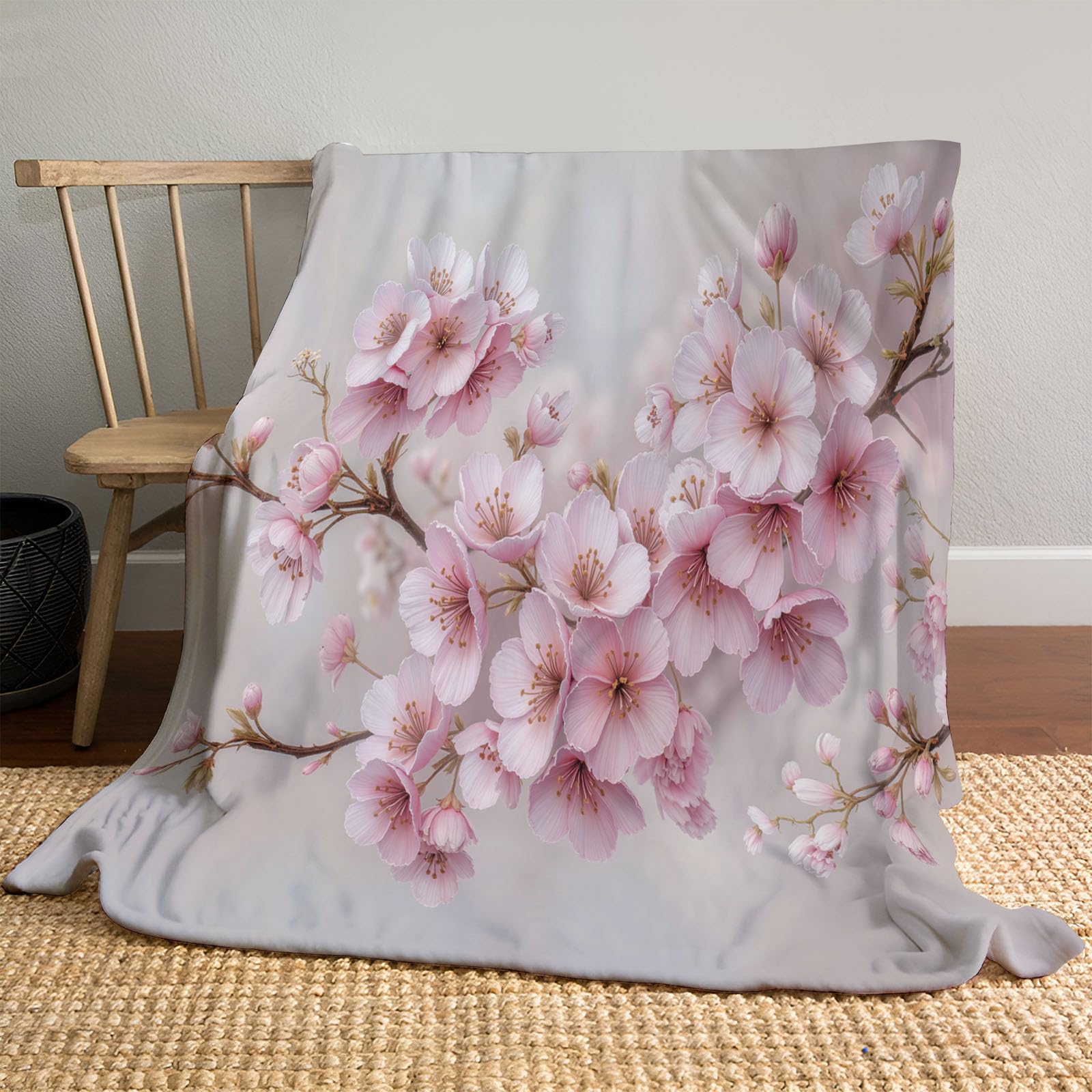 Manta Franela para Cama, Manta para Sofá 150x200cm, Suaves esponjosa Microfibra Blanket, Acuarela Flores De Cerezo Estampado Mantas Calentitas para Niños y Adultos, Rosa Claro