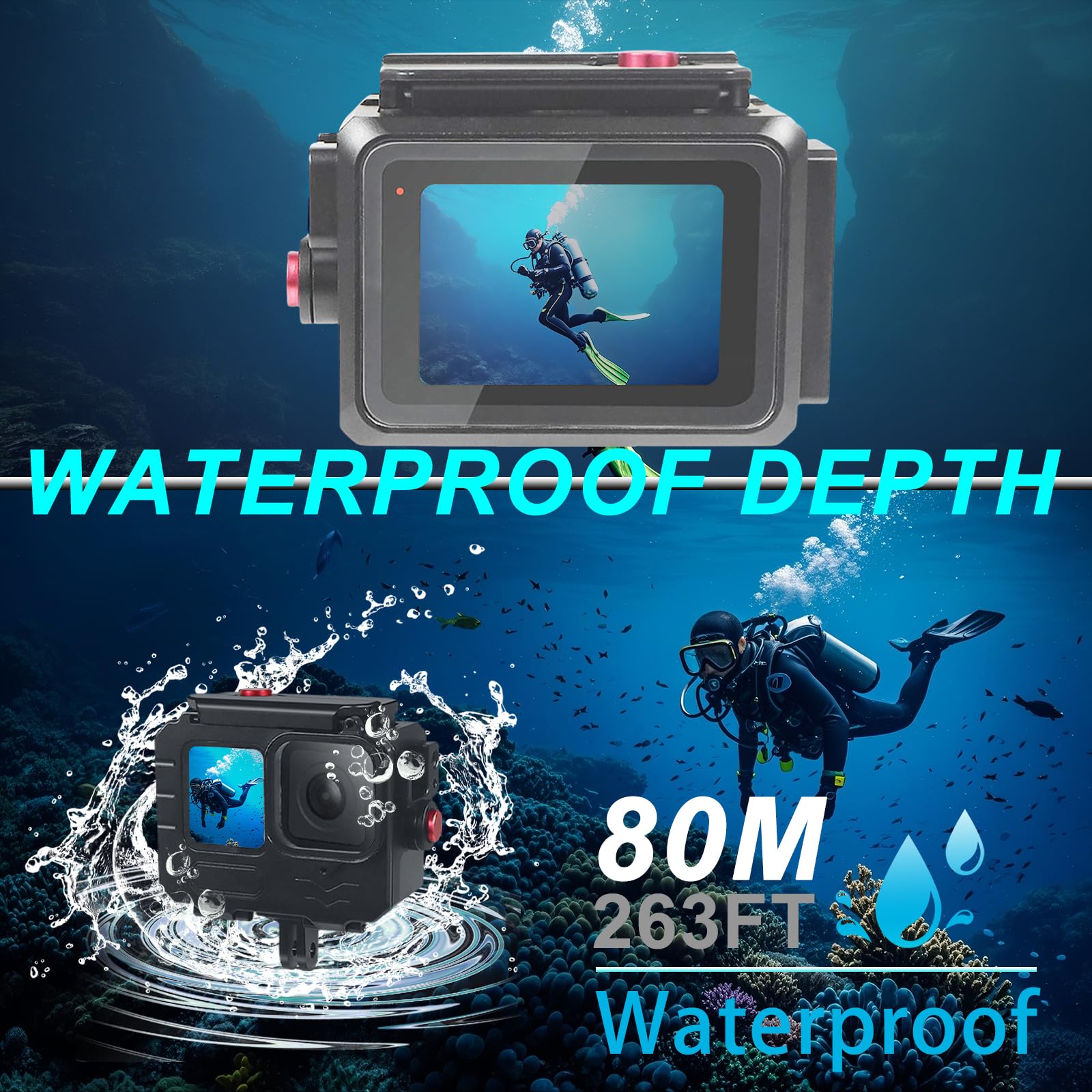 Custodia impermeabile in lega di alluminio da 80 m per Go Pro Hero13/Hero12/Hero11/Hero10/Hero9 nera, custodia protettiva per immersioni subacquee per Go Pro Hero 13 Action Camera con accessori per