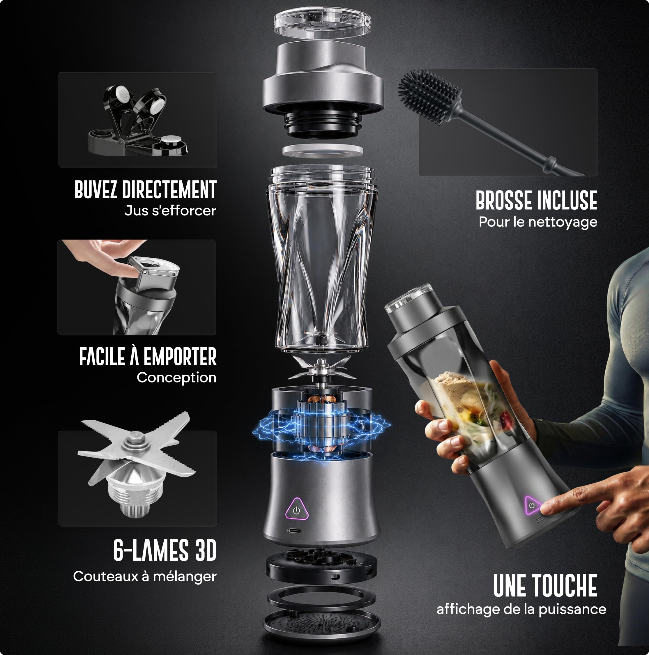 Blender Portable 700 ml, Mixeur Smoothie & Milkshake Rechargeable, 6 Lames Inox, 360 W, Broyeur à Glace, Shaker Protéiné Fruits et Légumes, Nettoyage Facile avec Brosse Incluse