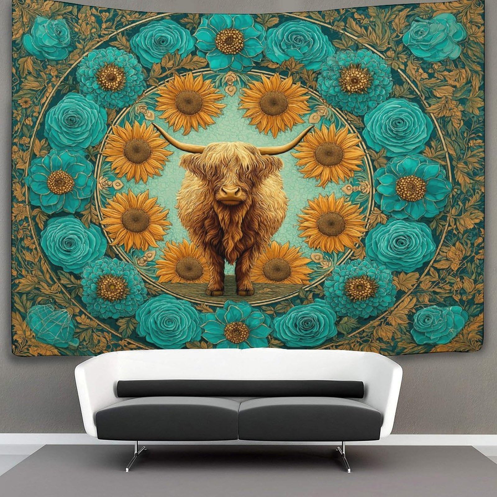 kaiyun Sunflower Mandala Style Tapestry Highland Cow Wall Hanging Tapestries for Bedroom Living Room Apartment Dorm Decorations Wall Art Decor 150cmx200cm