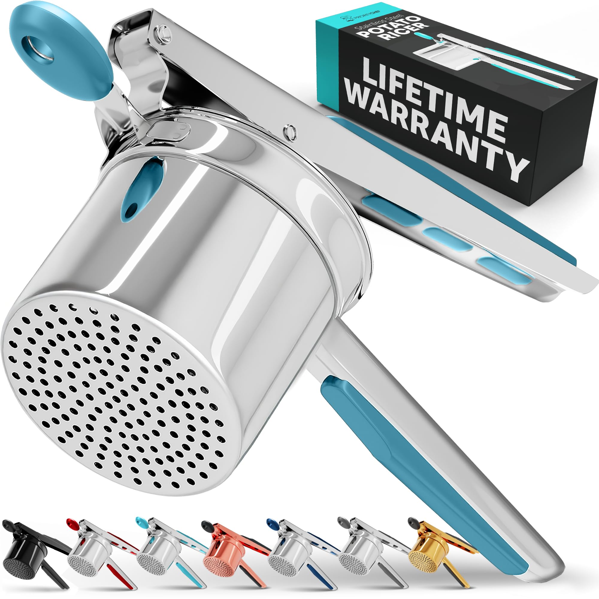 PriorityChef Large 15oz Potato Ricer, Heavy Duty Stainless Steel Potato Masher and Ricer Kitchen Tool, Press and Mash Kitchen Gadget For Perfect Mashed Potatoes - Everytime, Silver and Turquoise