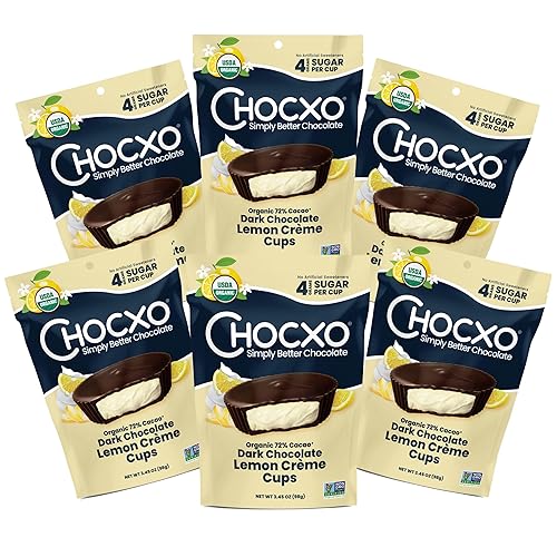 Chocxo Tazas de Crema de Limón y Chocolate Oscuro  Menos Azúcar, Cacao Orgánico 72%, Sin OGM, Keto, Sin Gluten, Kosher, Sin Edulcorantes
