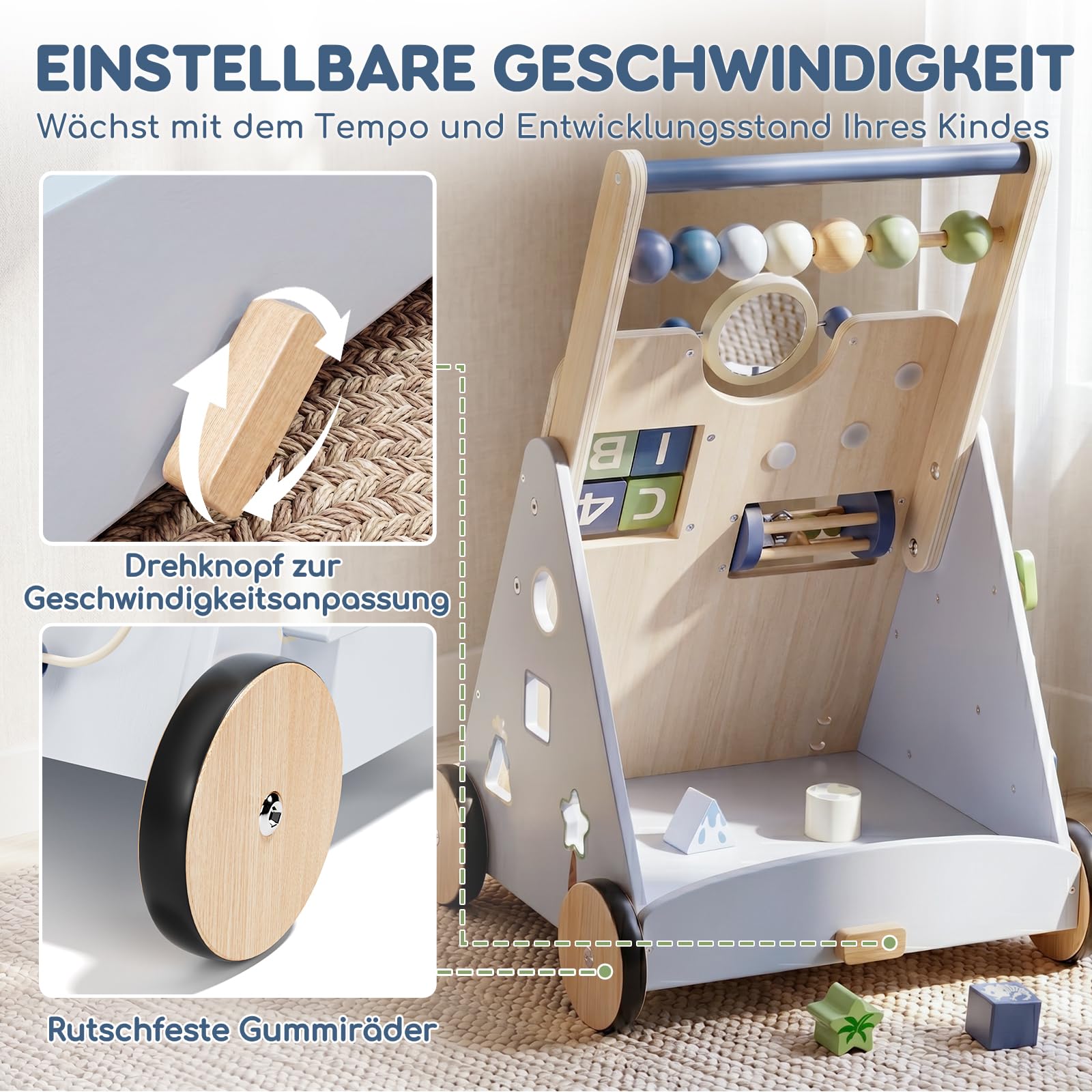 Lehoo Castle Lauflernwagen Holz mit Bremse, Dinosaurier Laufwagen ab 1 Jahr | Einstellbare Bremse, 9-in-1 Activity Center, Einfache Montage, Montessori inspiriertes Spielzeug, Geschenk 1 Jahr Jungen