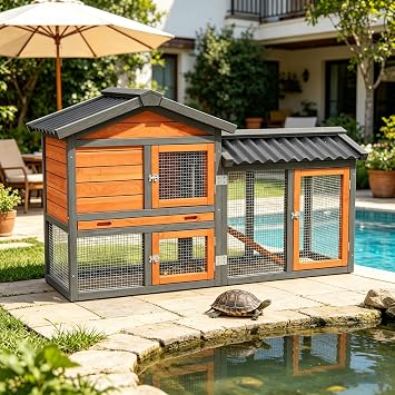Large Tortoise Habitat House Indoor Outdoor Wooden Turtle Hidden Enclosure with Ventilating Wire Fence Reptile Lounge Cage for Small Animals Brown2