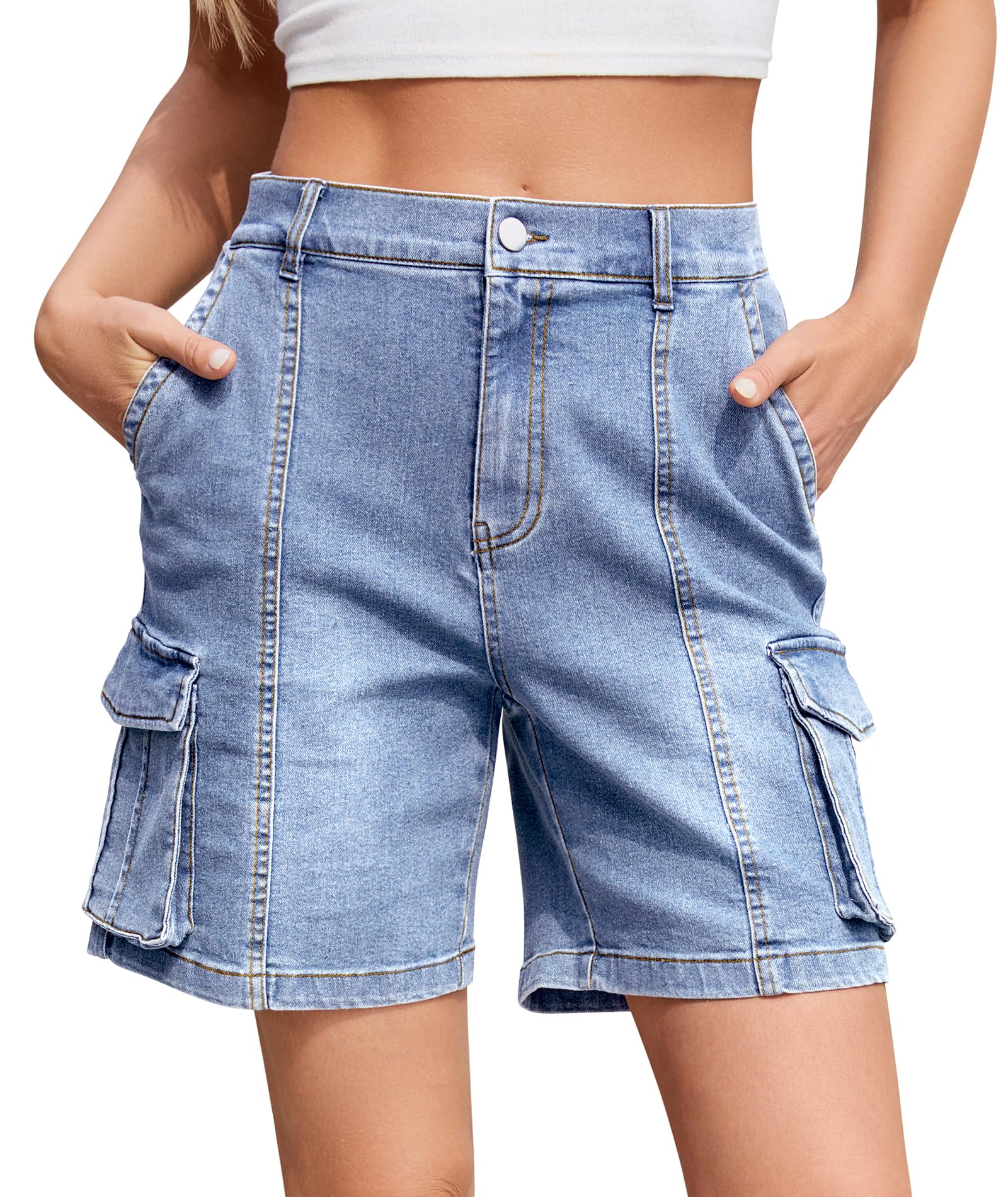 IVIR Kurze Hose Damen Sommer Bermuda Cargo Shorts Hohe Taille Baumwolle mit Elastischem Bund und 6 Taschen