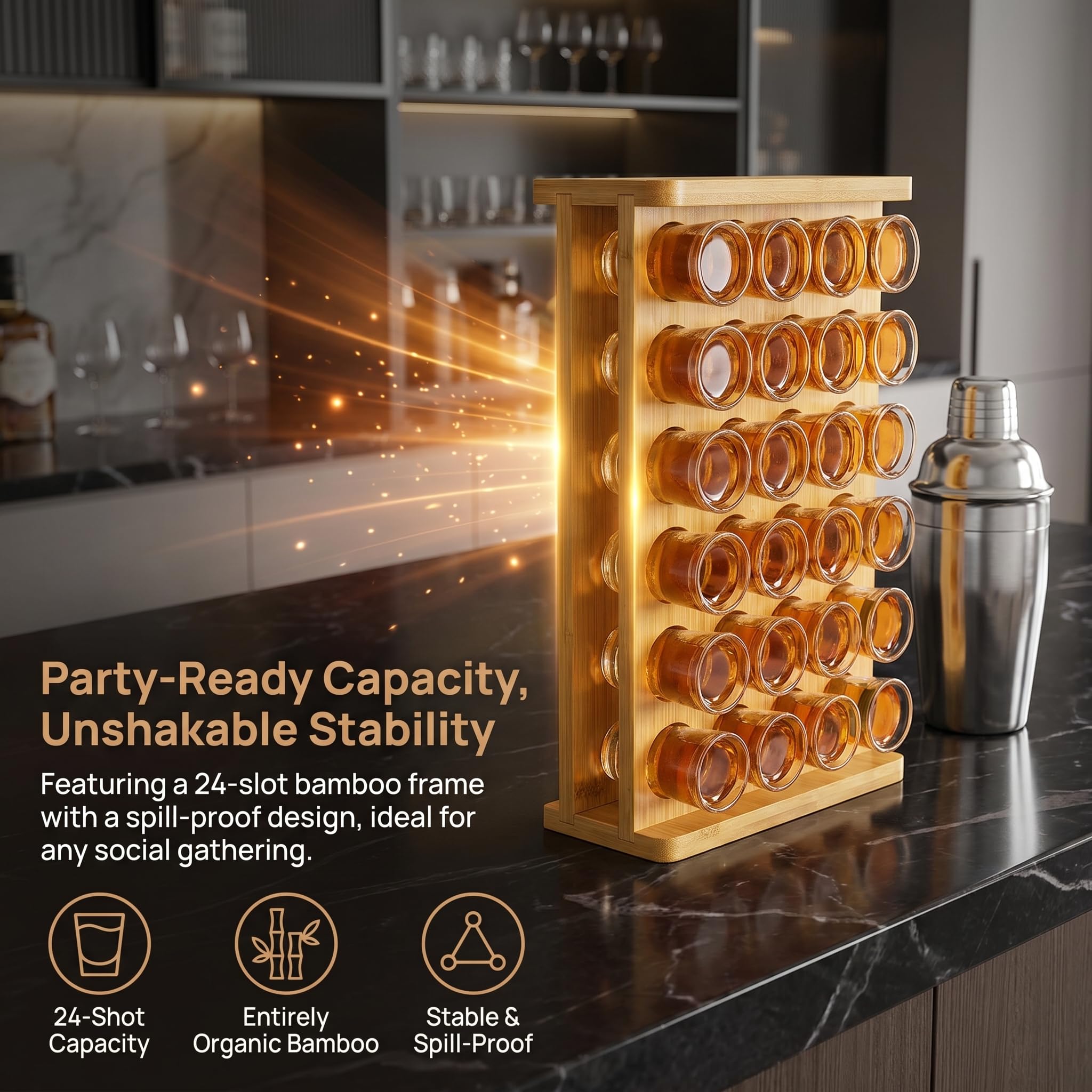 Lot de 24 verres à liqueur avec support en bois pour 24 verres à shot (15-20 ml, planche à liqueur pour bar, fête, club, whisky, brandy, plateau de service, bambou)