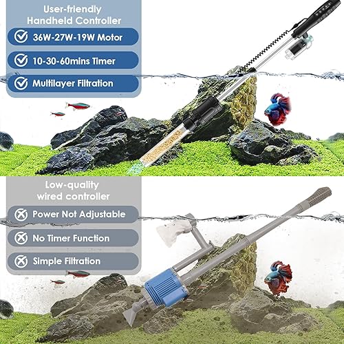 Miniatura 5 de AKKEE Aspiradora de acuario con control de mango y grava, 8 en 1, multifuncional de 36 W, limpiador eléctrico para tanque de peces para cambio