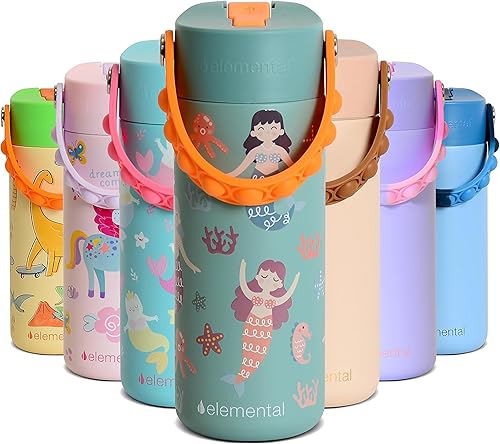 Miniatura 13 de Elemental Botella de agua aislada para niños, botella de agua de acero inoxidable con tapa de popote y asa Pop-it, botellas de agua a prueba de