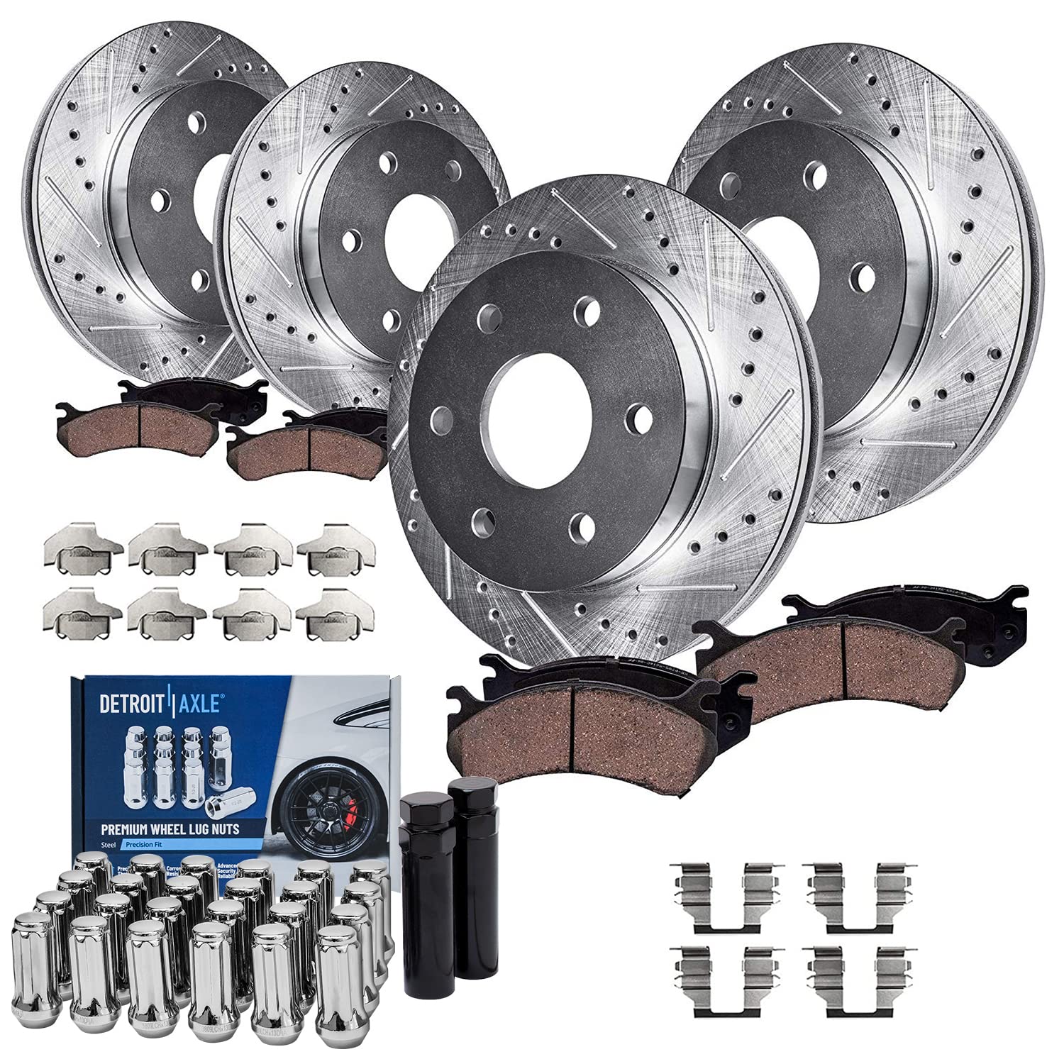 Detroit Axle - Brake Kit for Silverado Sierra 1500 Chevy Tahoe GMC Yukon | 12'' inch Front &amp; 12.78'' inch Rear Drilled Slotted Brake Rotors Ceramic Brake Pads Wheel Lug Nuts Socket Keys Replacement