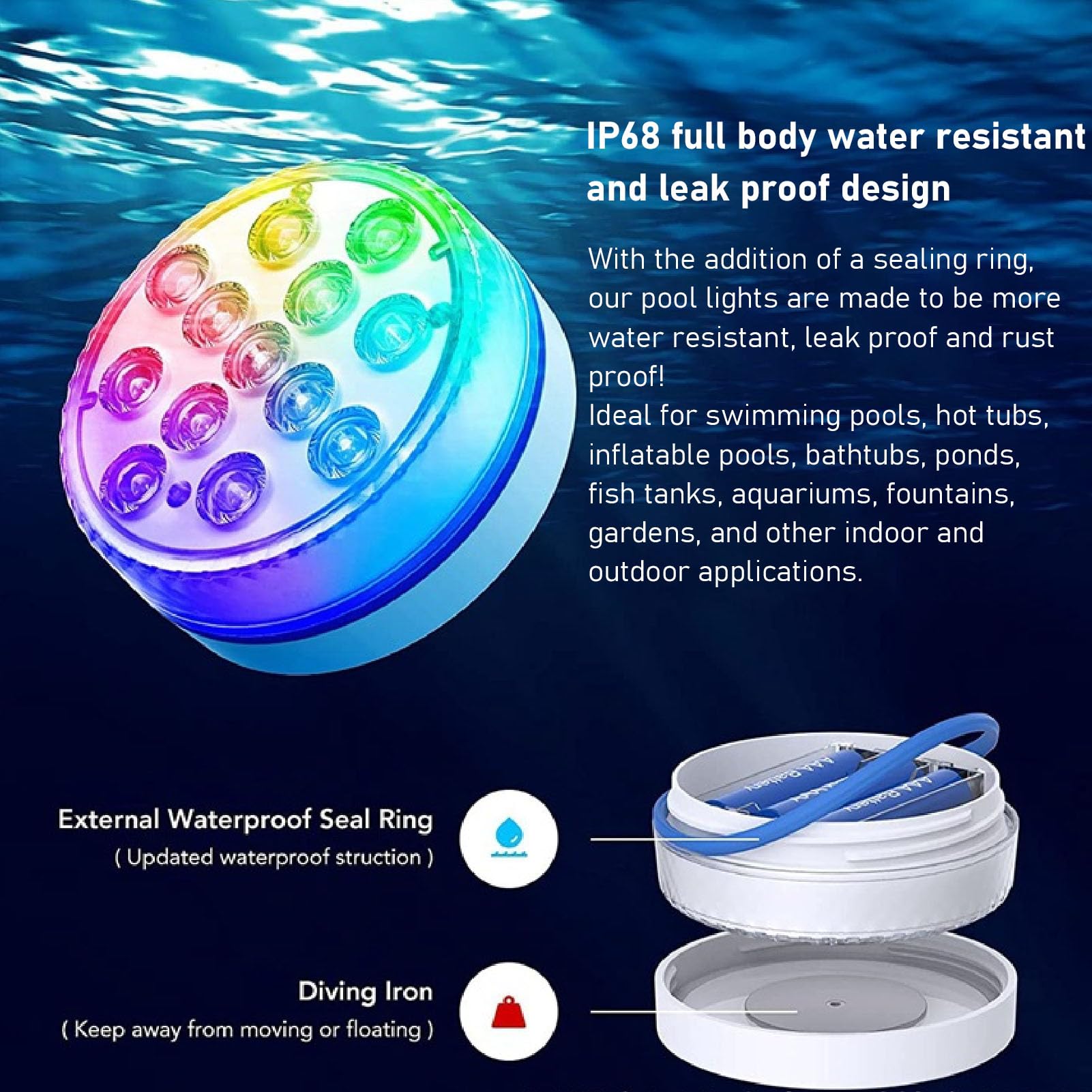 Tauchbare LED-Leuchten, Ultrahelle, Ferngesteuerte, Wasserfeste Poolleuchten mit Magnetischen Saugnäpfen, IP68 Wasserdicht, 16 Farben, für Schwimmbäder, Teiche, Gärten