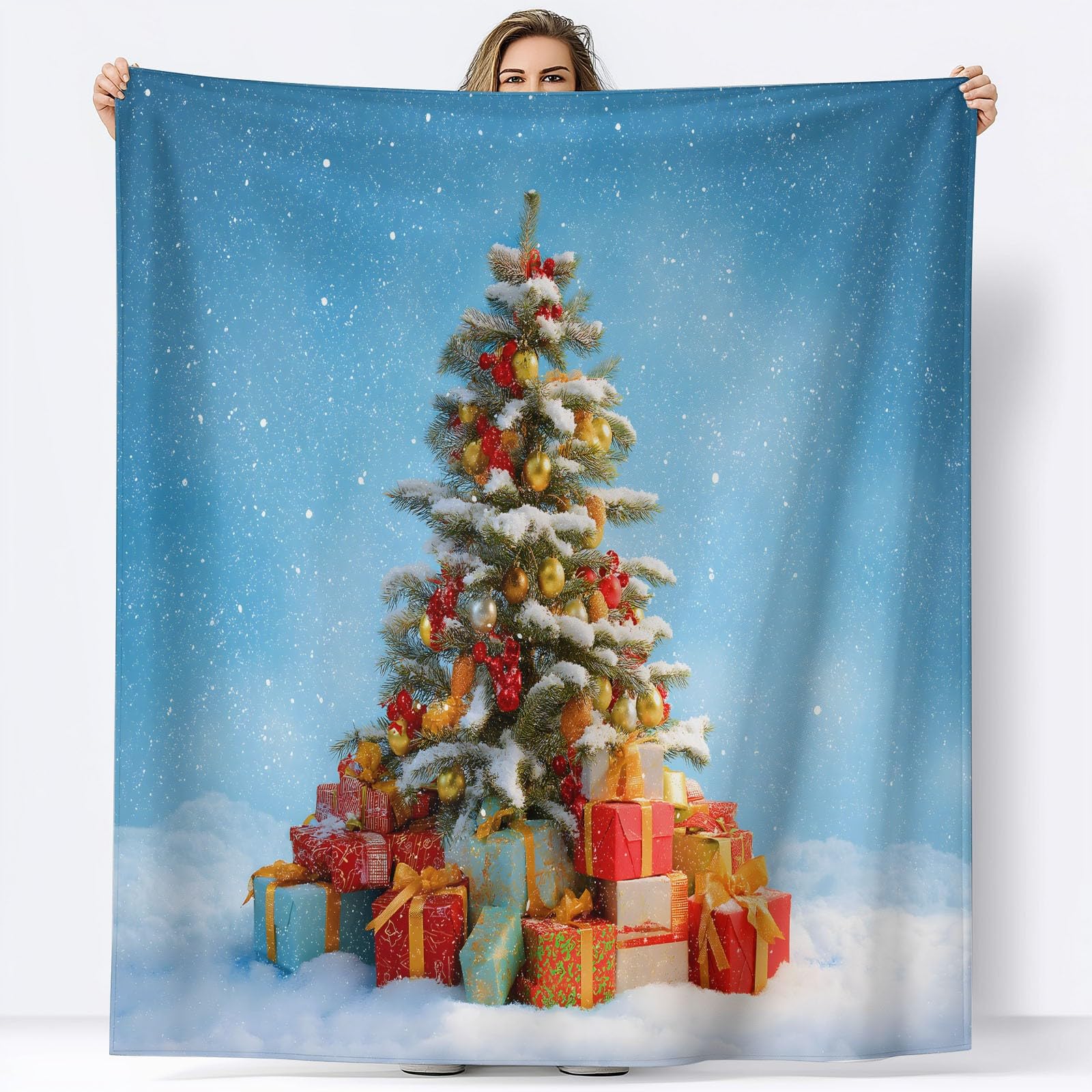 Generico Niebieski flanelowy koc w kratę świąteczny motyw choinki prezenty miękki lekki koc 220 x 240 cm - nadaje się do łóżka kanapy kempingowej podróży leżak