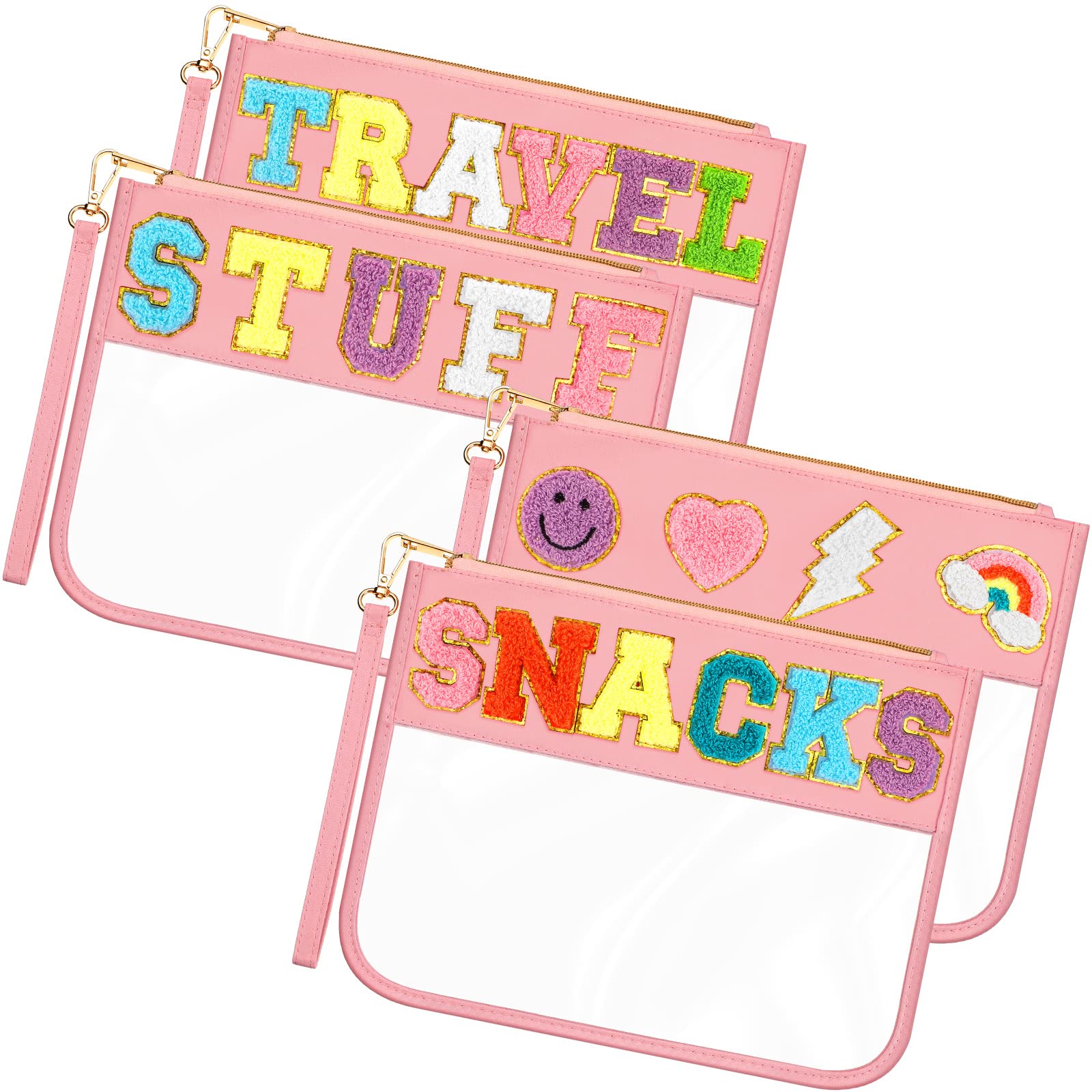 Remerry 4 Pack Chenille Letter Bag Clear Monogram Cosmetic Makeup Bag Travel Snack Beach Stuff Patch Pouch Preppy Gifts for Women Girls