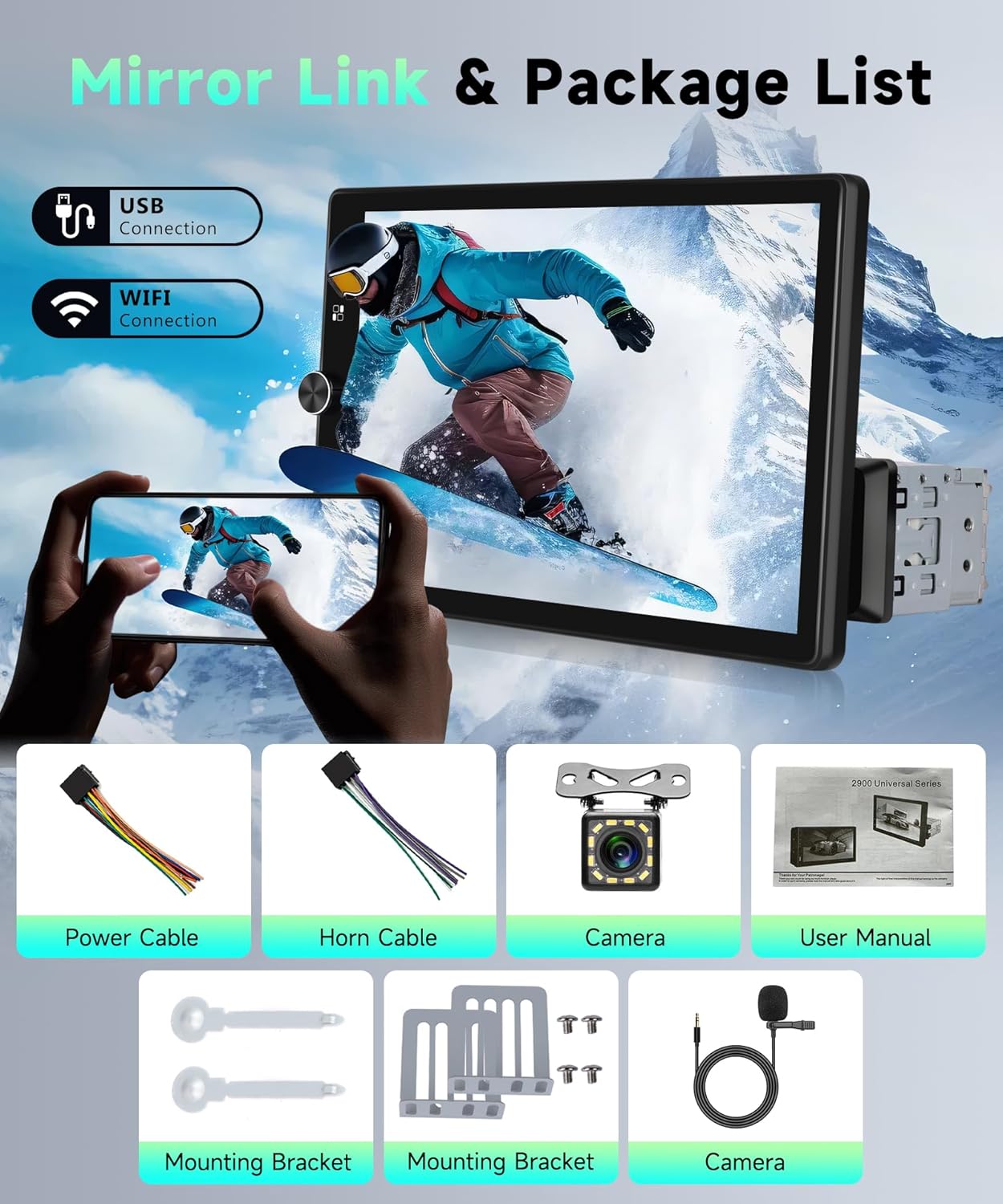 Image showing the car stereo unit and all included accessories: power cable, horn cable, camera, user manual, mounting brackets, and external microphone.