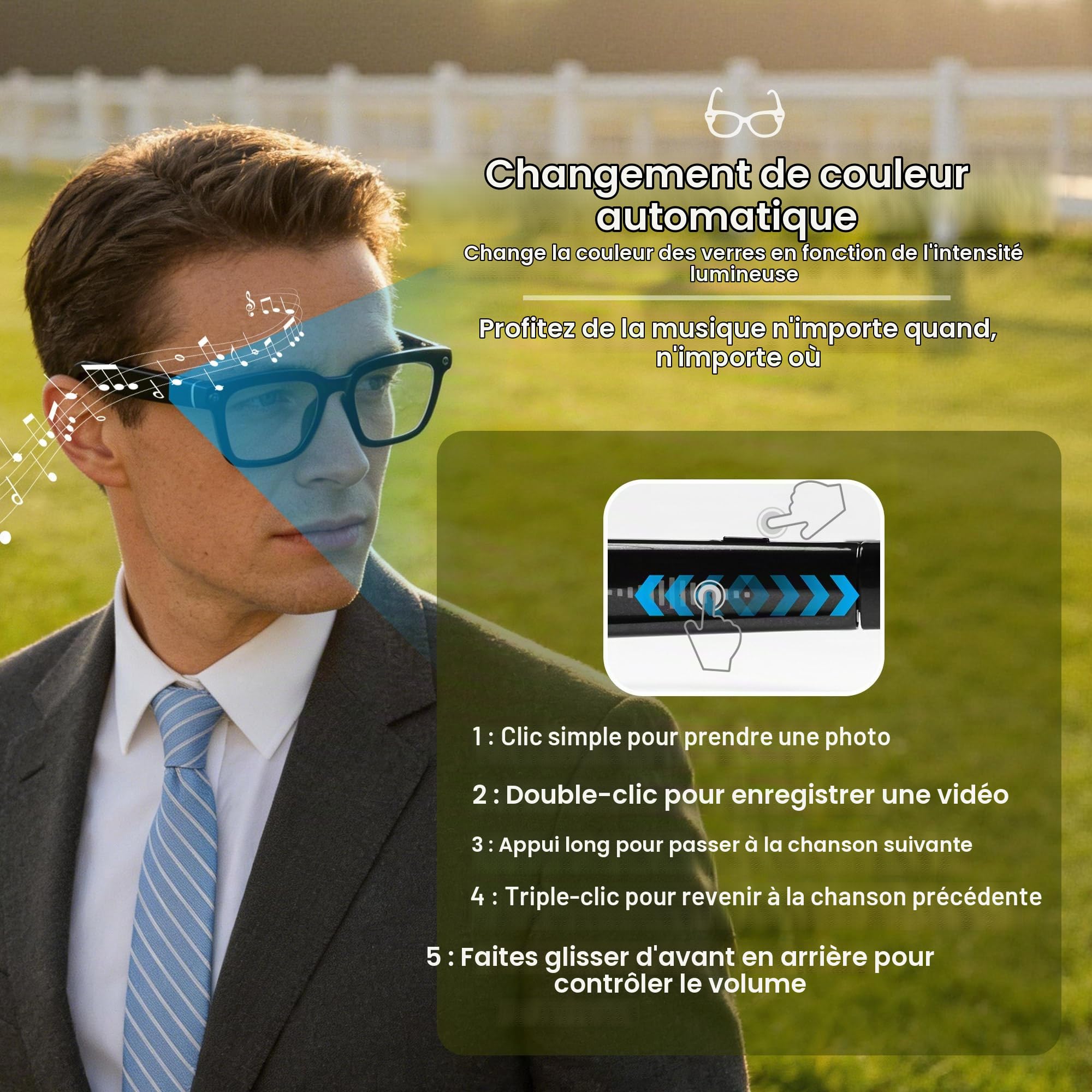 Lunettes intelligentes Ai avec caméra et Bluetooth - Enregistrement vidéo 4K HD, traduction en temps réel, avec verres changeant de couleur pour voyage, sports, utilisation en extérieur