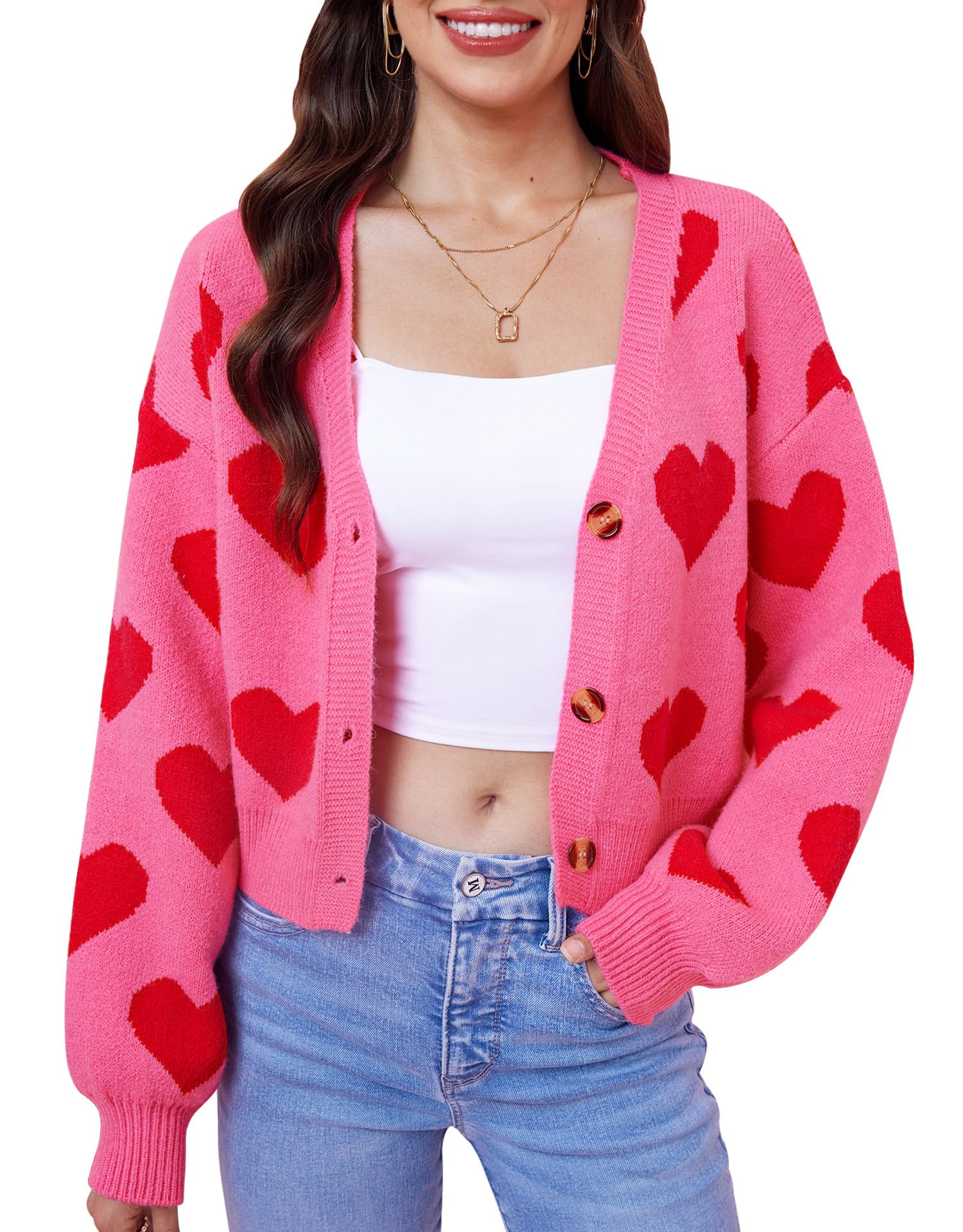 Womens Valentines St Patricks Day Cute Y2K Cropped Cardigan Long Sleeve Button Down Heart Sweater