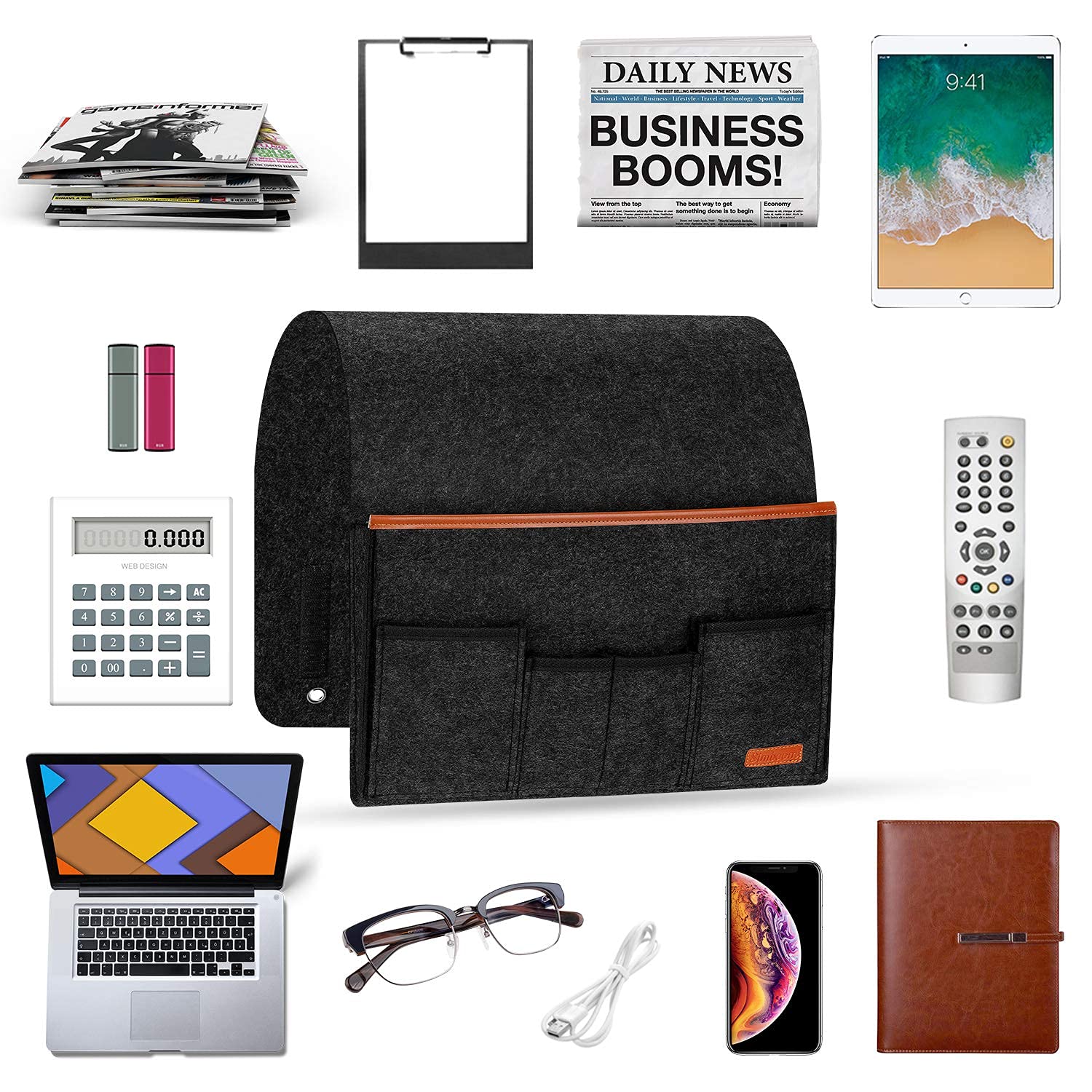 SIMBOOM Borsa da Comodino e Divano Con Antiscivolo Lungo Flap - Tasca Portaoggetti per Letto, Libro, Telecomando, Telefono, Occhiali, Cavo di Ricarica - Grigio Scuro