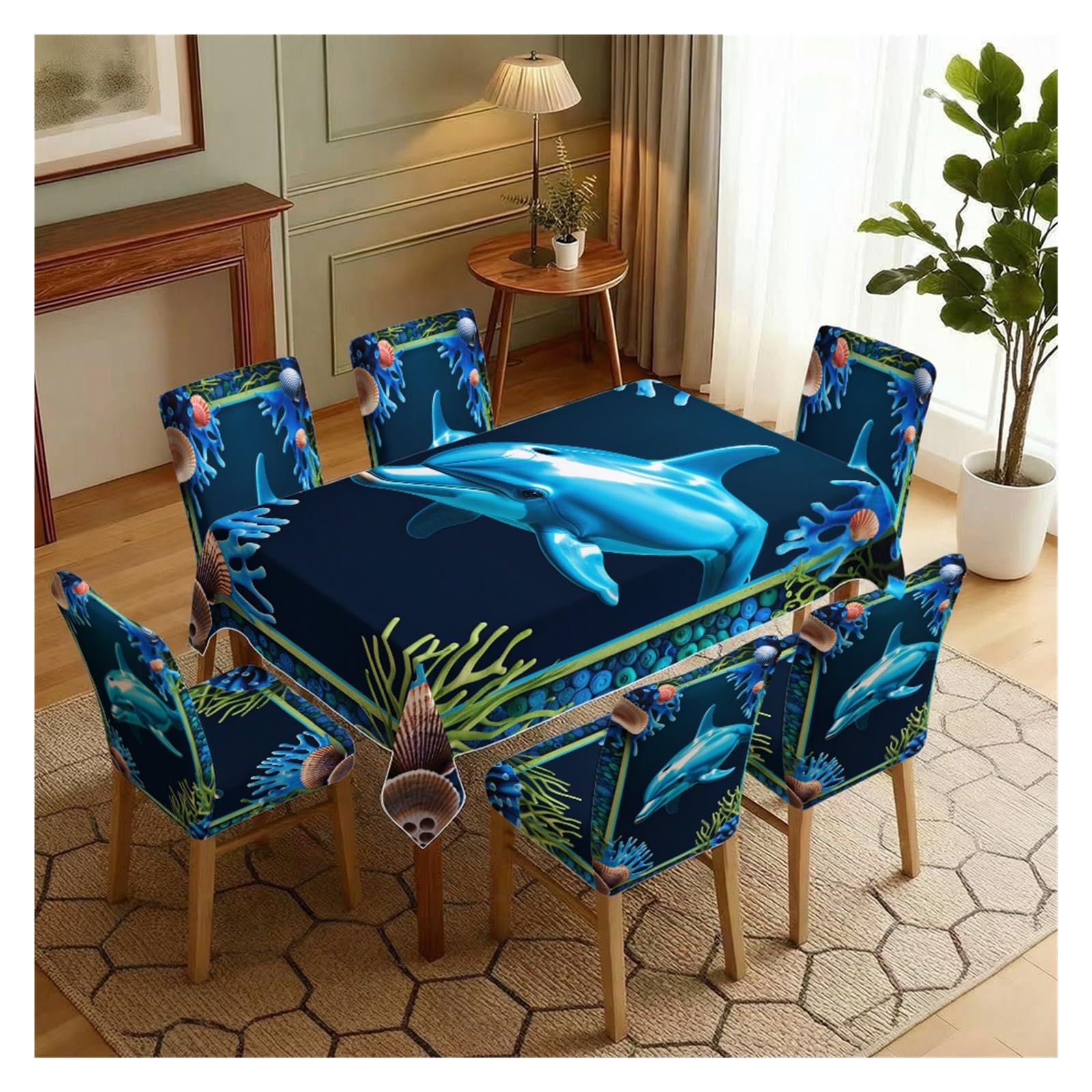 KXUAUV Dolphin Ocean Print Stretch Dining Chair Covers & Tablecloth Set, 5/7 Pack Party Decor(7pcs Set: Tablecloth+Chair Covers)
