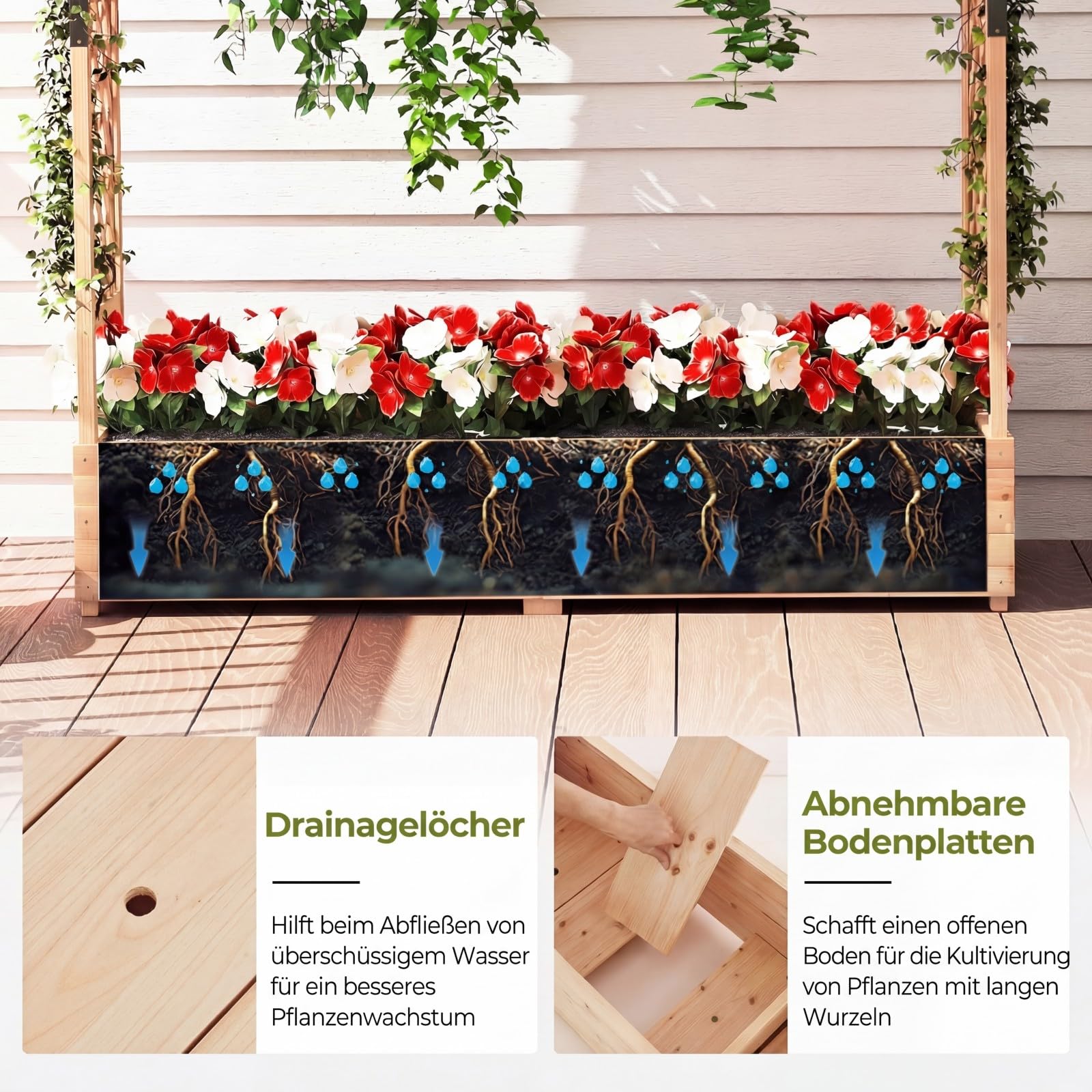 COSTWAY Blumenkasten mit Rankgitter & hängendem Dach, Pflanzkasten mit Rankhilfe, Hochbeet für Kletterpflanzen & hängende Körbe, für Garten Hof Terrasse, Pflanzkübel Holz, 196 x 44 x 182 cm (Natur)