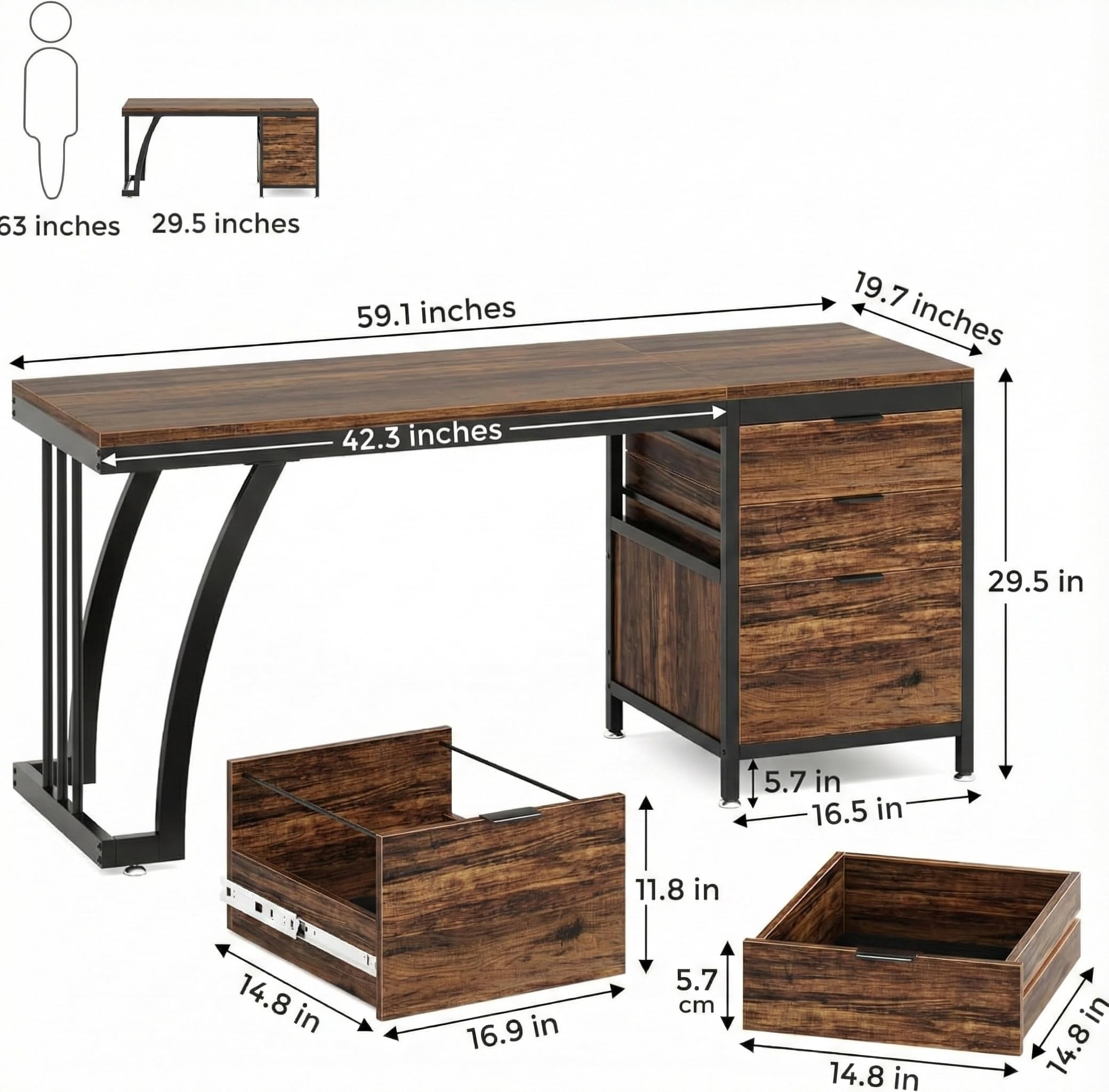 Lailang 150cm Scrivania Computer con 3 Cassetti, Scrittoio Vintage, Scrivania da Studio, Mobili Ufficio Moderni, Scrivania Gaming Marrone, Scrivania Lunga, 150 x 50 x 75 cm, Marrone Rustico