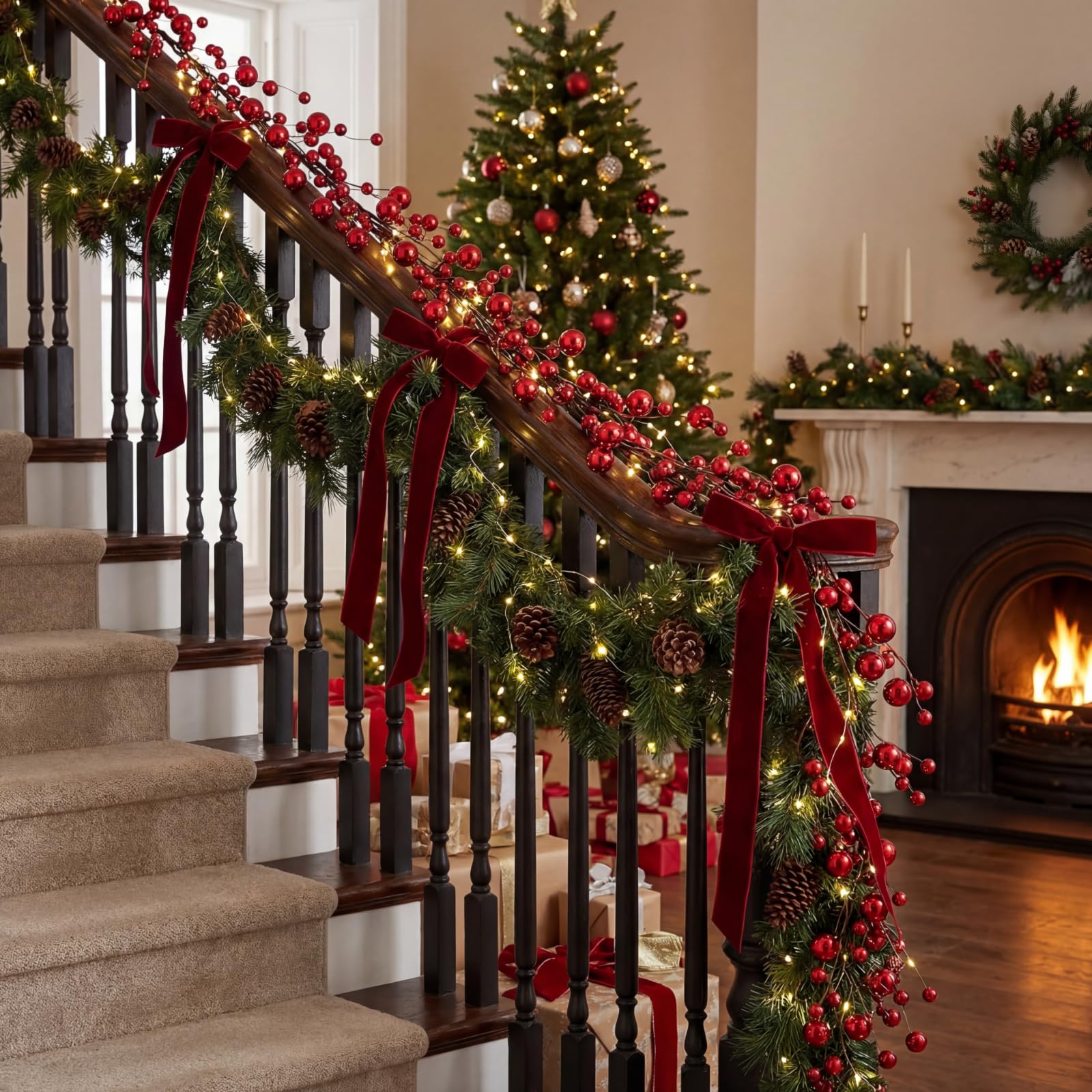 WILLBOND Guirnalda de bolas de Navidad rojas de 18 pies, adornos colgantes para árbol de Navidad, chimenea, corona, interior, exterior, hogar, oficina