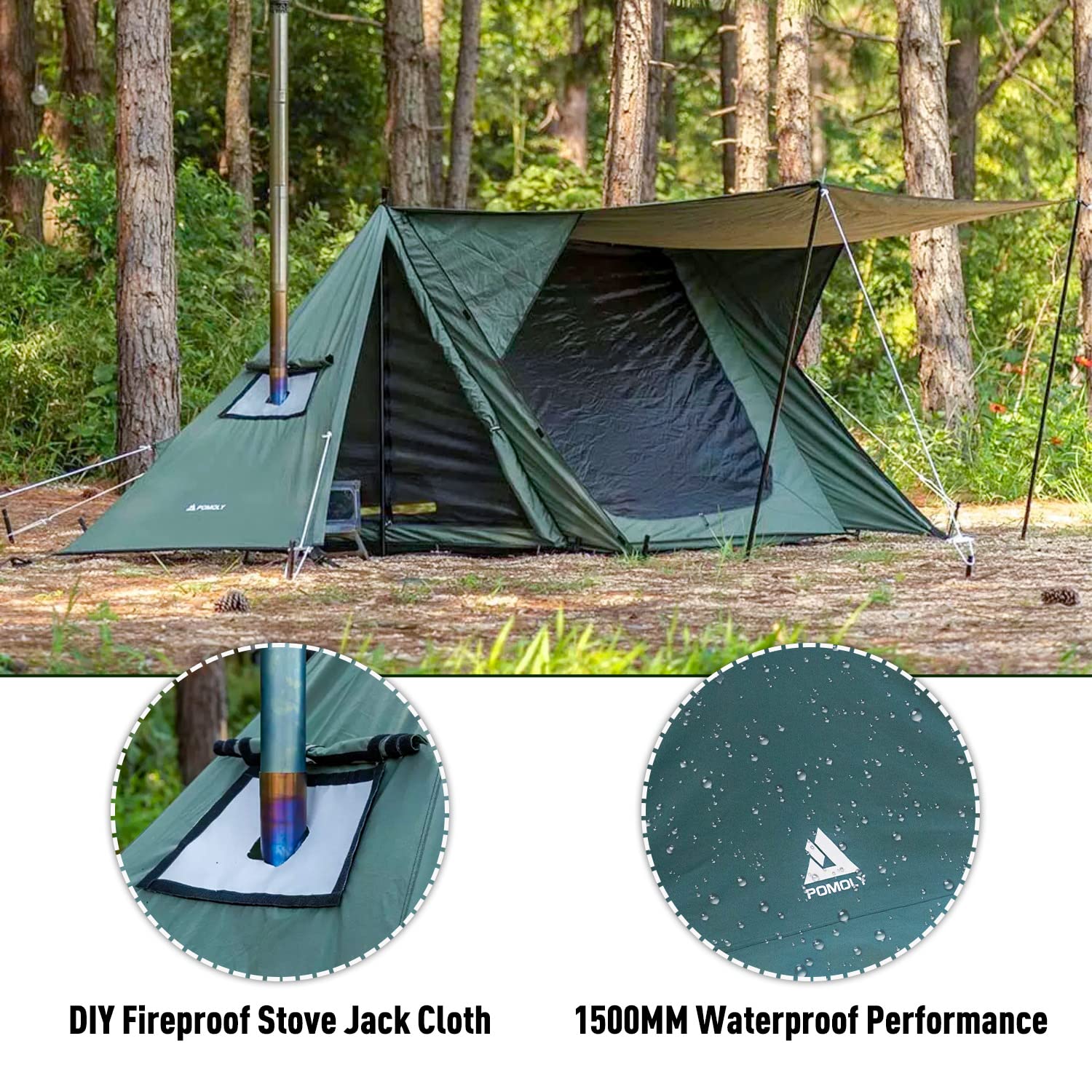 Tente de Camping Chaude avec poêle, abri de cheminée POMOLY STOVEHUT Green TC pour la Chasse, la randonnée