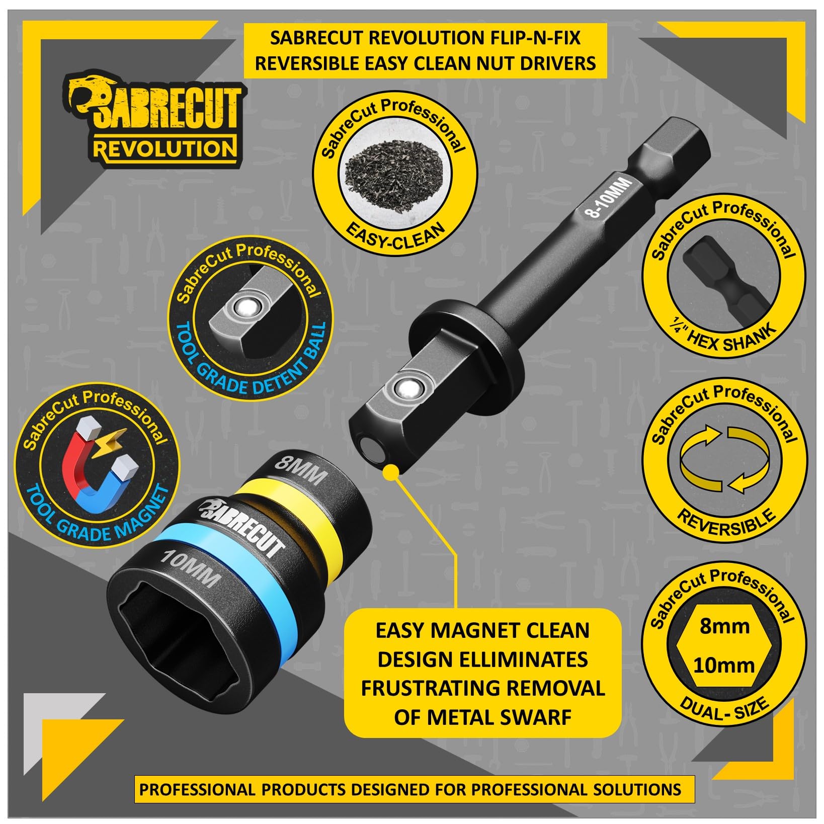 1 x SabreCut SCDIN8-10 Dual Size 8mm & 10mm Magnetic 62mm Long Reversable 2-in-1 Easy Clean Impact Rated Hex Head Nut Socket Driver for Drills and Impact Drivers - Image 4