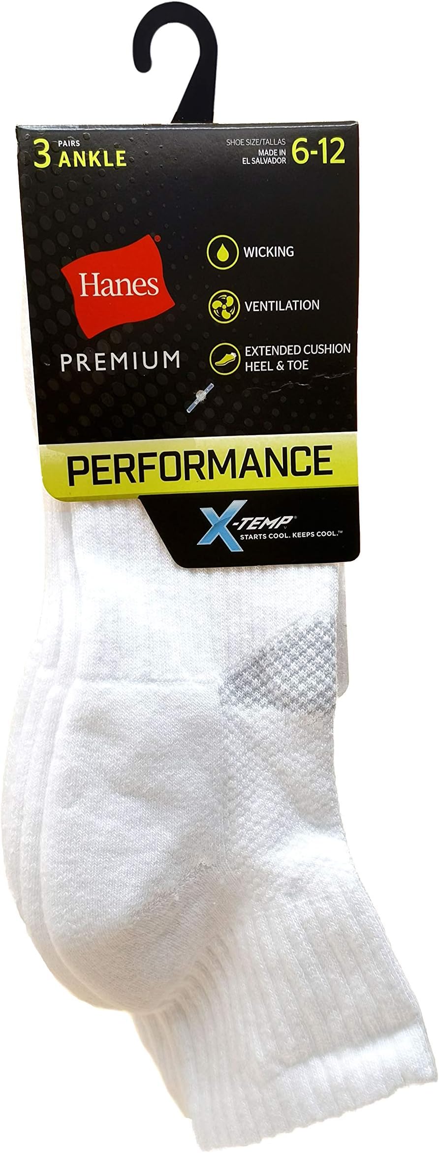 Hanes Men 316XT3 Perfomance Power Cool Ankle (Pack of 3), Size 6-12, Running Socks, White, L