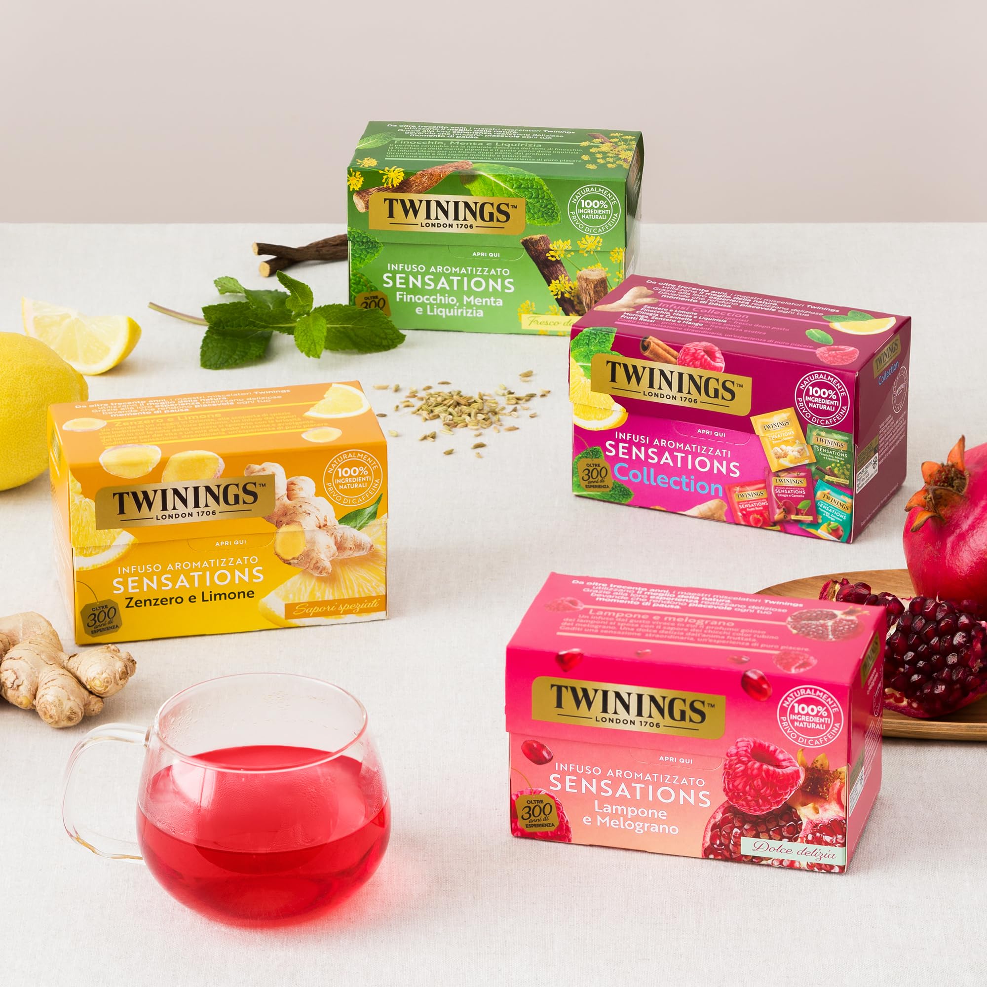 Twinings, Infuso Aromatizzato Sensations Zenzero e Limone, Gusto Frizzante e Avvolgente, Senza Caffeina, Infusi e Tisane, 6 Confezioni da 20 Filtri (120 Filtri Totali)