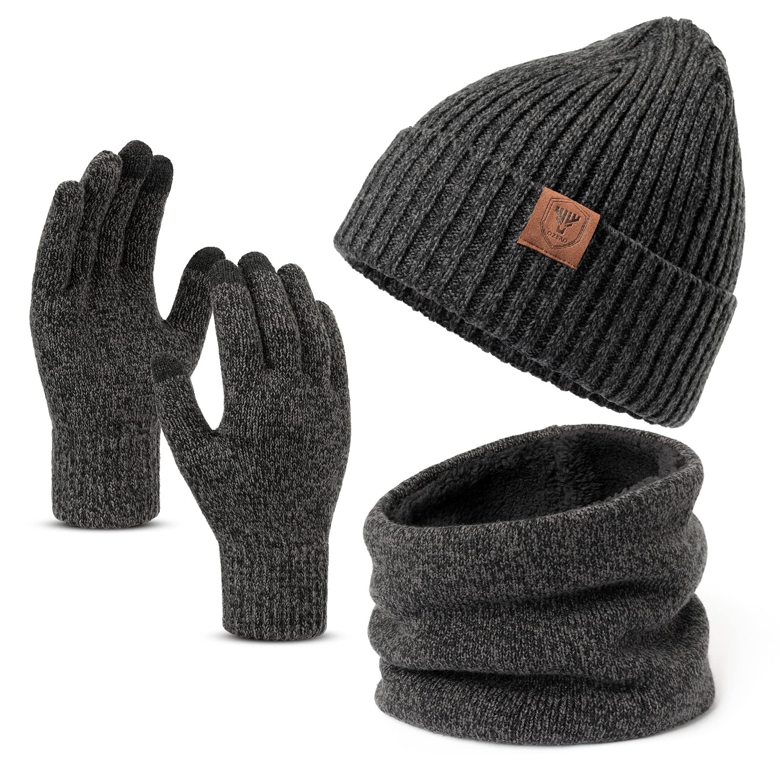 OZERO 3 Pcs Winter Hat Scarf Gloves Set for Women Men: Touchscreen Gloves Knit Beanie Neck Warmer Set Warm Polar Fleece Lined