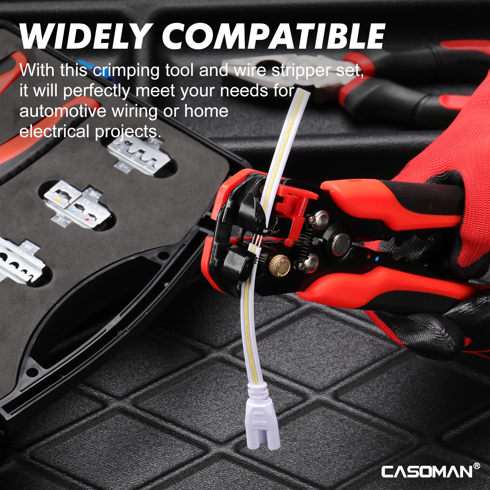 CASOMAN Kit de herramientas de crimpado 6 en 1 y juego de pelacables, 6 tamaños de mandíbula intercambiables, herramienta de crimpado de alambre multiusos, ideal para crimpado, cableado, encogimiento