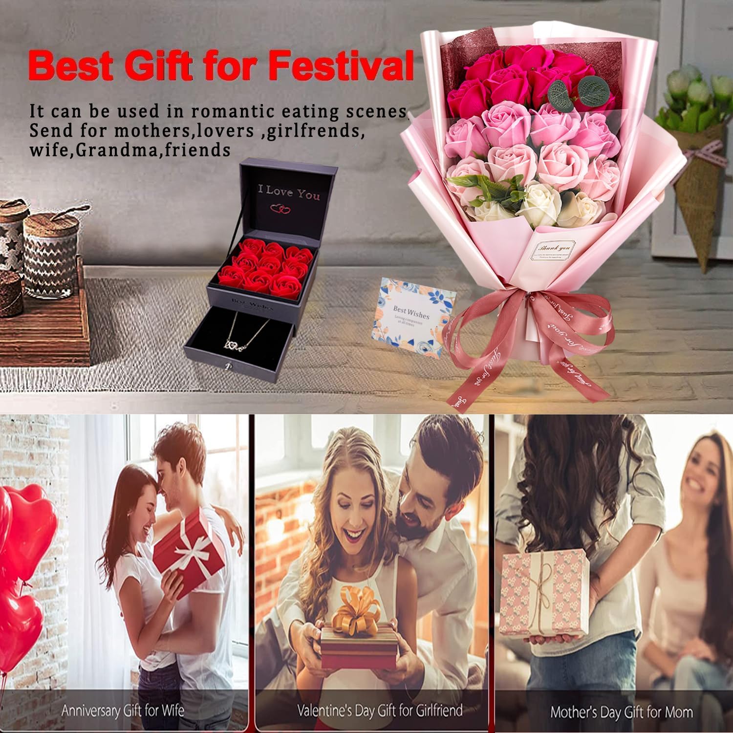 EIGHTOWN Roses Bouquet Artificial Flower - Preserved Red Flowers with Love Necklace for Her - Unique Gifts Valentine's Day, Mother's Day, Thanksgiving, Birthday, Anniversary… (Hotpink) - Image 4