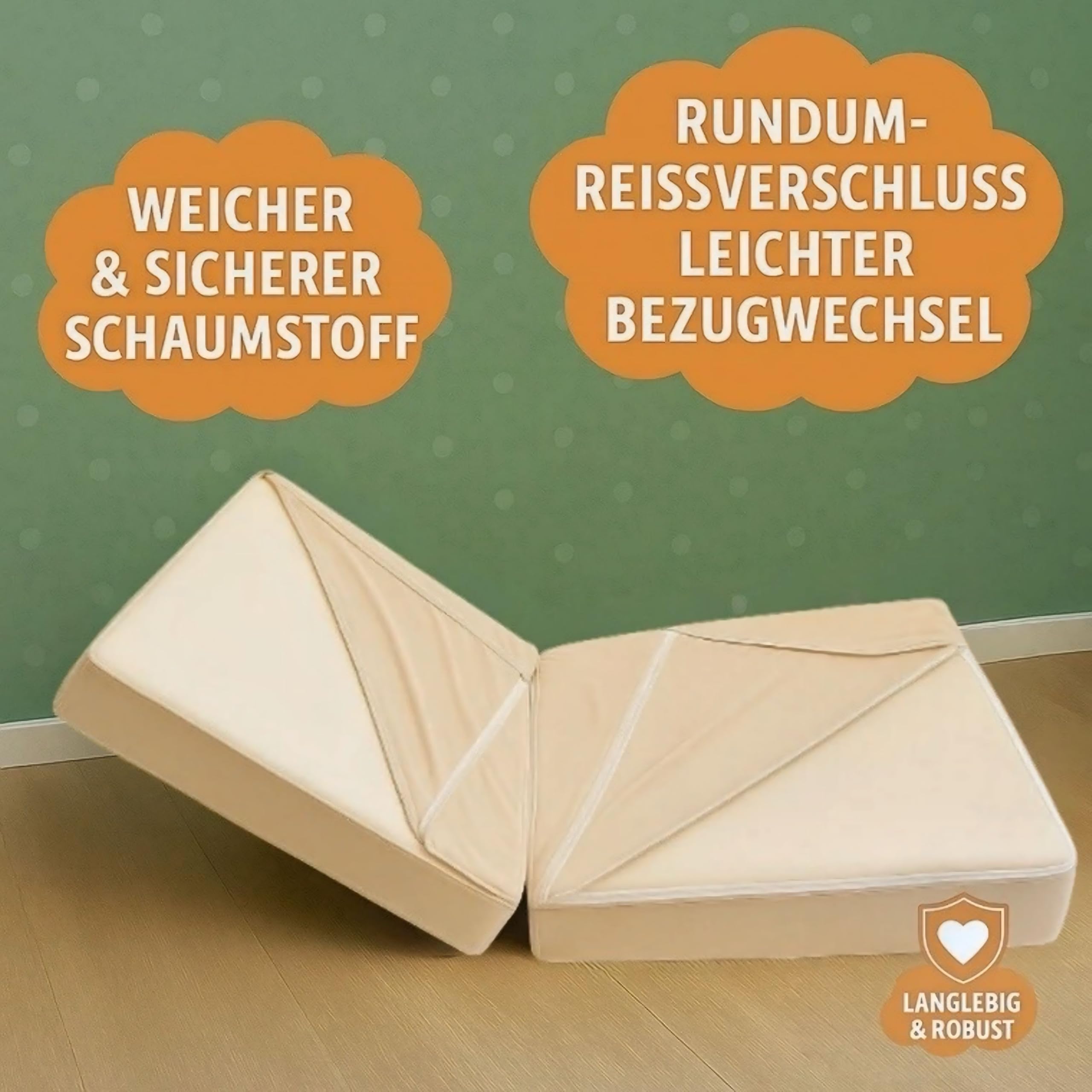 11-teiliges Kindersofa klappbar – Spielsofa modular ab 1 Jahr | Montessori Sofa in Grün & Orange | Bodensofa & Schlafsessel für Kinder
