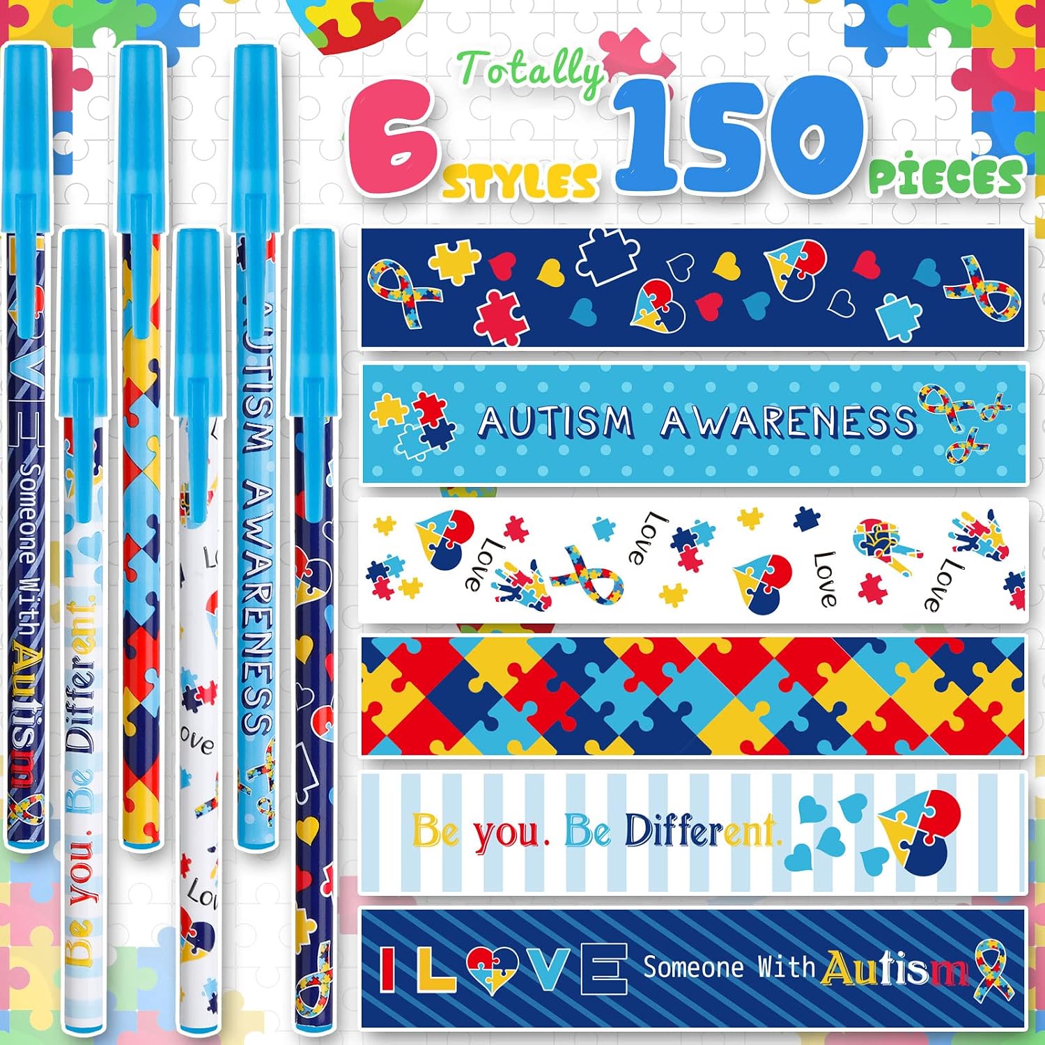 Geyee 150 Pack Autism Awareness Pens Bulk Awareness Gift Stuff Accessories Colorful Puzzle Pieces Pen with Inspirational Words for Events, Support Groups, Mom, Fundraisers, School Supplies Decor