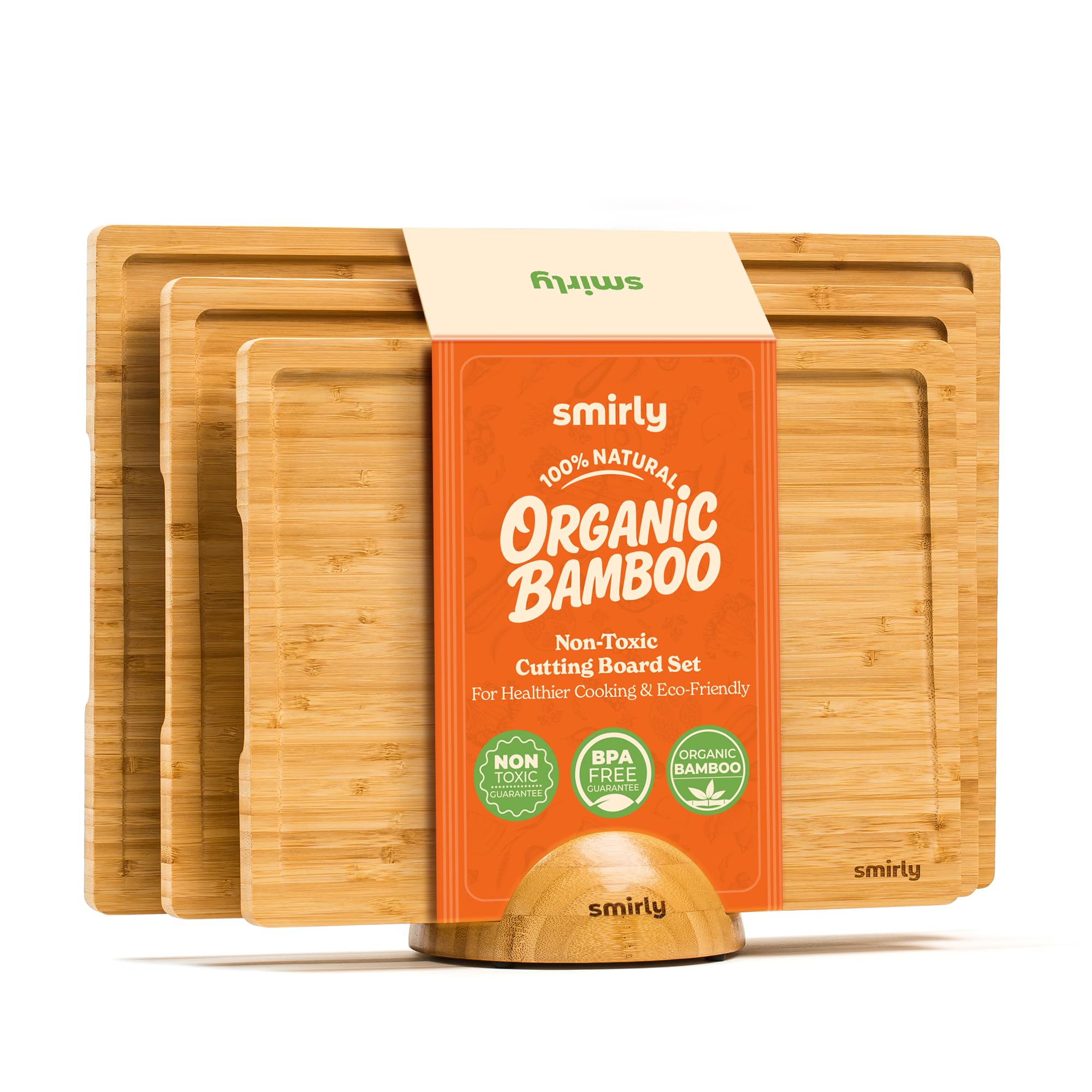 SMIRLY Wooden Chopping Boards for Kitchens - Reversible Bamboo Chopping Board with Deep Juice Groove - Cutting Boards Set of 3 with Stand for Meat Fruit Vegetable Charcuterie - Light Brown