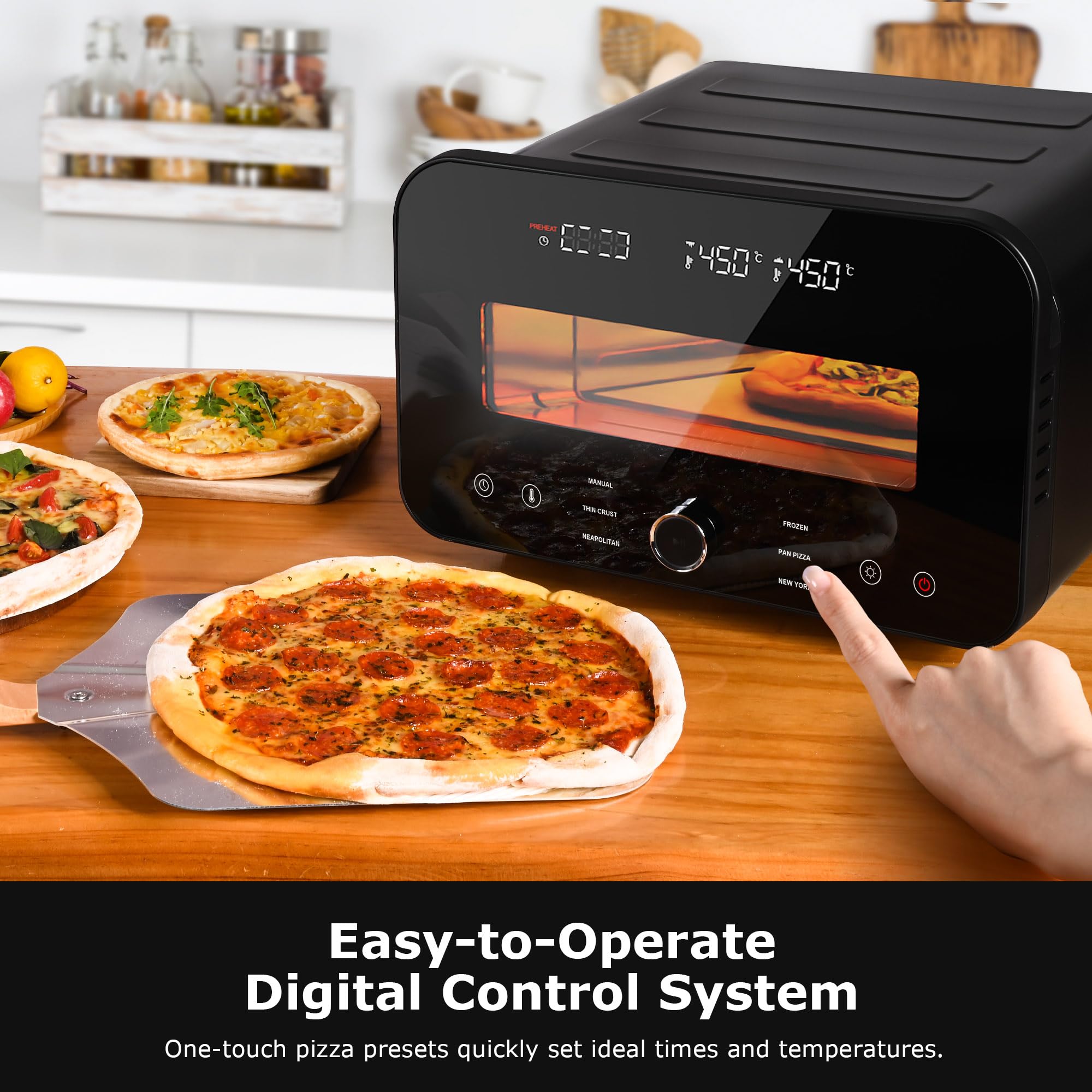 Pizza Oven Indoor, Makes 12 Inch Pizzas in 90 Seconds, 840°F Countertop Electric Pizza Maker with 6 Preset Modes, Pizza Stone, Peel & Touchscreen Controls - Stainless Steel - Additional View