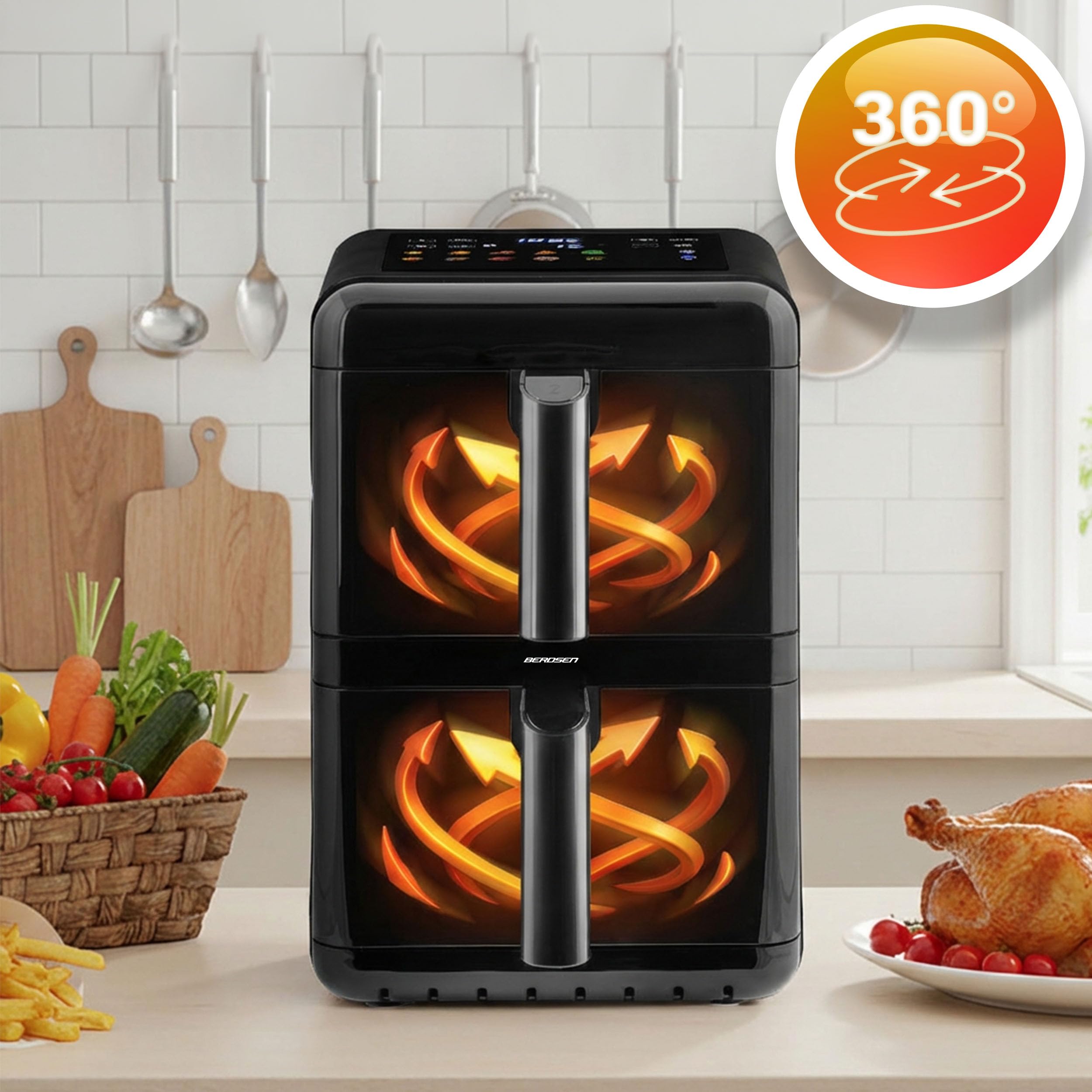 Berdsen Frytkownica Beztłuszczowa Airfryer na Gorące Powietrze 11,6 l - Dwukomorowa Pionowa 2 x 5,8 l, 3000 W, 9 Programów, Ekran Dotykowy i Okienko LED - Pieczenie, Grillowanie i Suszenie - Czarna