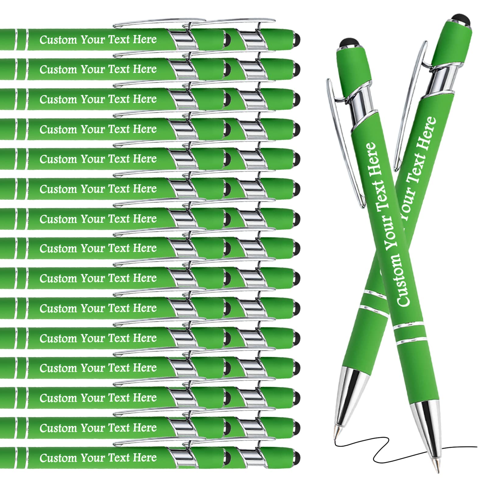 Personalised Pens Bulk Custom Pens with Logo Name 50 Pack Free Engraved Stylus Ballpoint Pens Customised Retractable Pen Message Text Gift for Men Women Black Ink Business Graduation Light Green