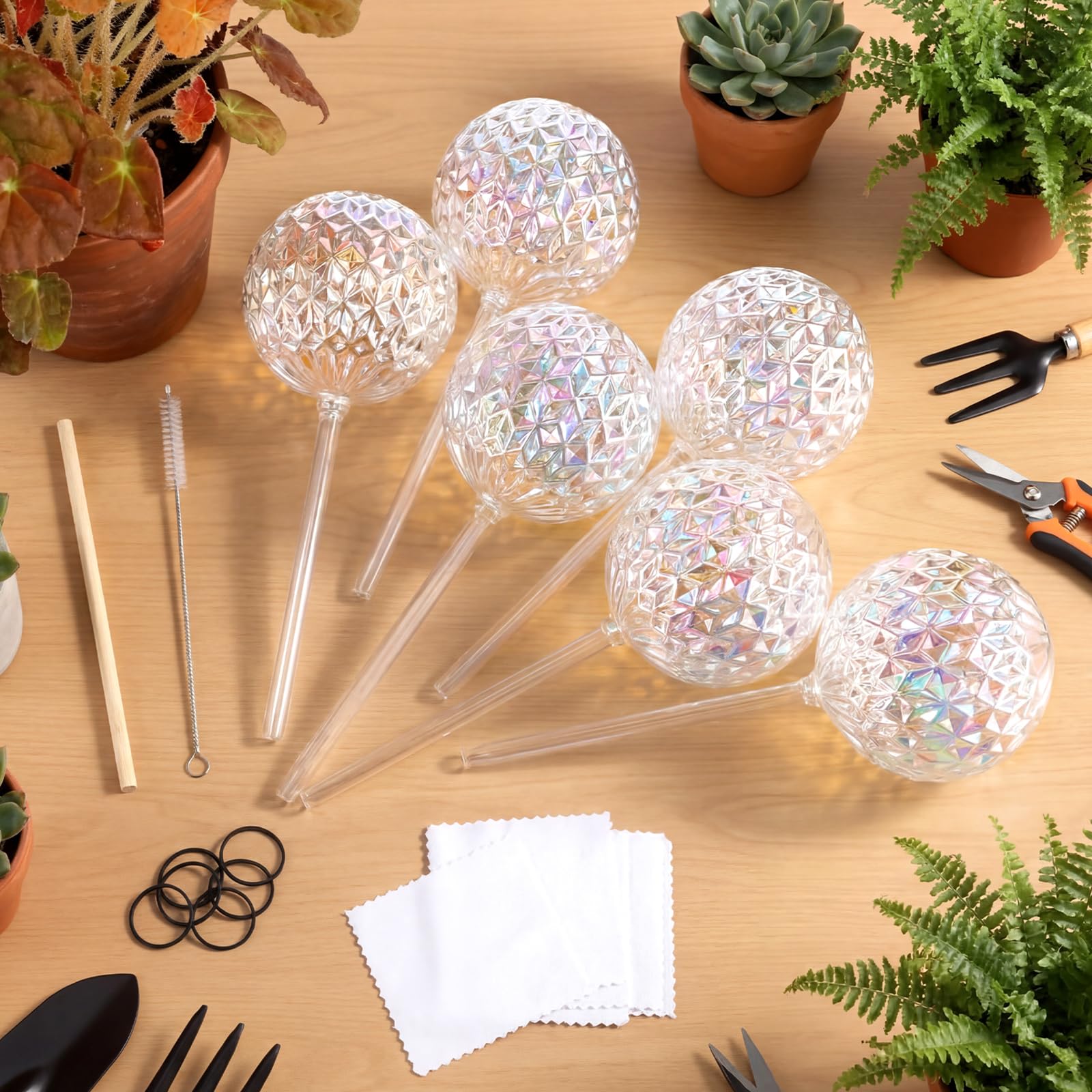 Thenshop Lot de 6 globes d'arrosage de plantes de 481,9 g - 2 semaines - Grand dispositif d'arrosage automatique - Ampoules en verre irisé avec accessoires complets - Irrigation goutte à goutte