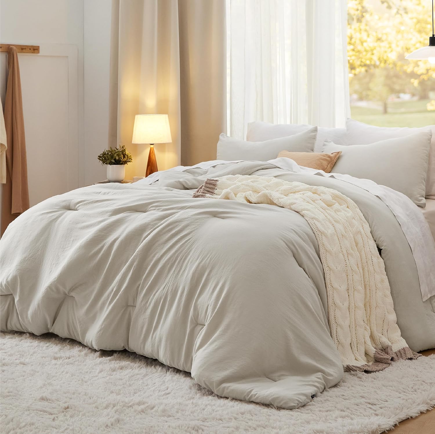 Bedsure King Size Comforter Set, Beige Soft Prewashed Bedding for All Seasons, 3 Pieces GentleSoft™ Warm Down Alternative Bed Set, 1 Lightweight Comforter (104"x90") and 2 Pillowcases (20"x36") King(104"x90") 01 - Beige
