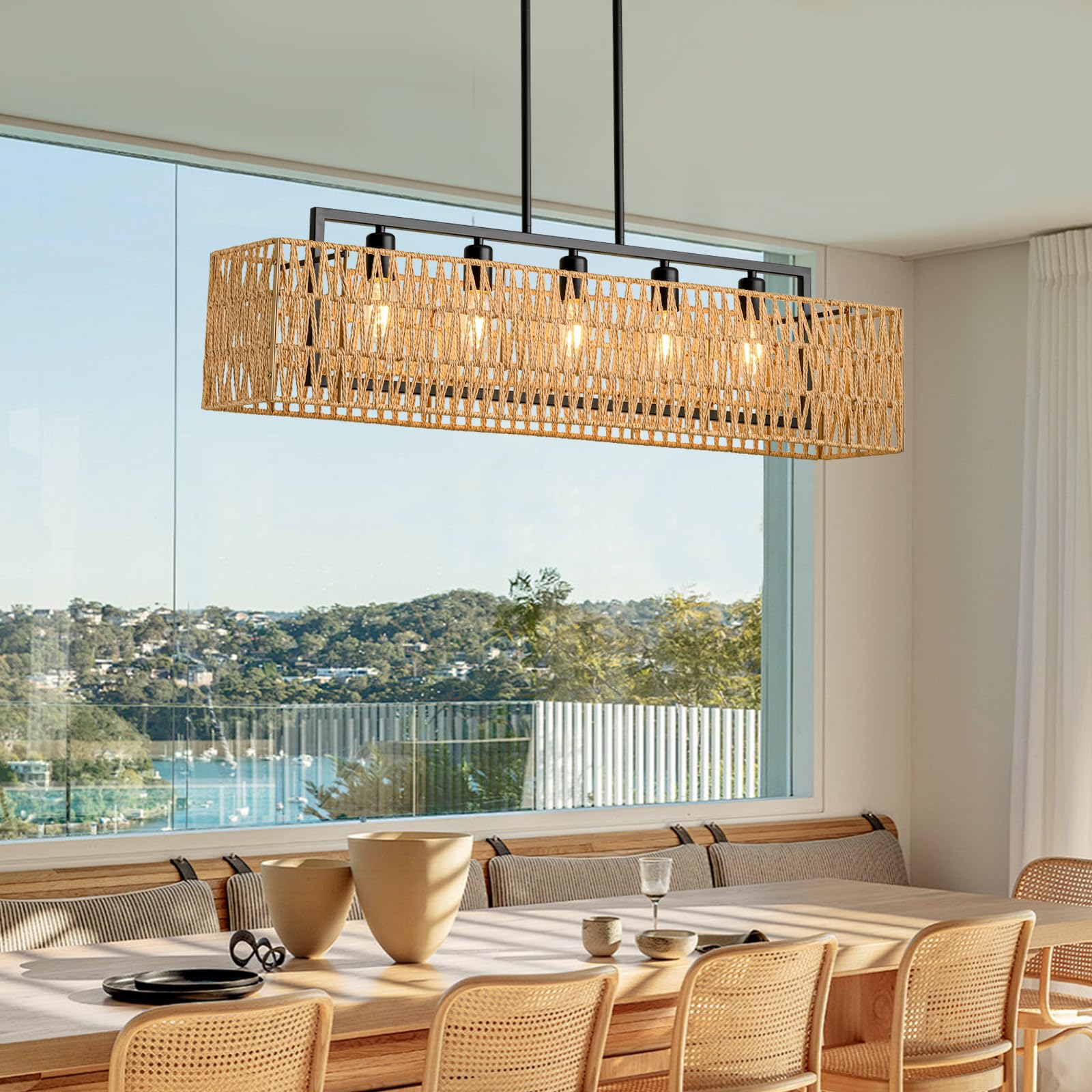 Chandeliers for Dining Room 40 Inch Boho Rattan Chandelier 5-Light Linear Chandelier Large Rectangle Chandelier Over Table, Rattan Light Fixture Kitchen Island Lighting