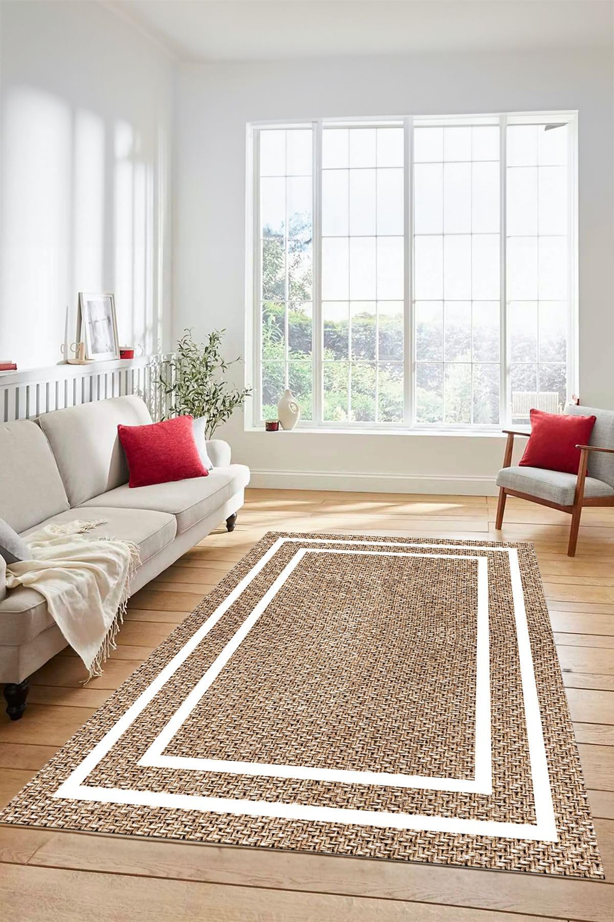 Evdeya Jüt-Hasır Desenli Dijital Baskı Kaymaz Taban Yıkanabilir Yolluk Koridor Salon Halısı JÜT-12, Kahverengi, 100 x 250
