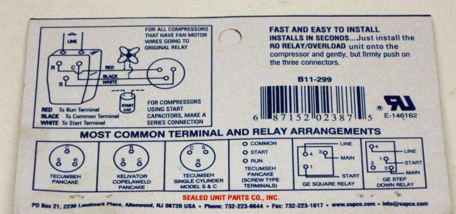 R081 SUPCO Refrigerator Relay Overload for1/12 - 1/5 hp Compressors 115 Volts