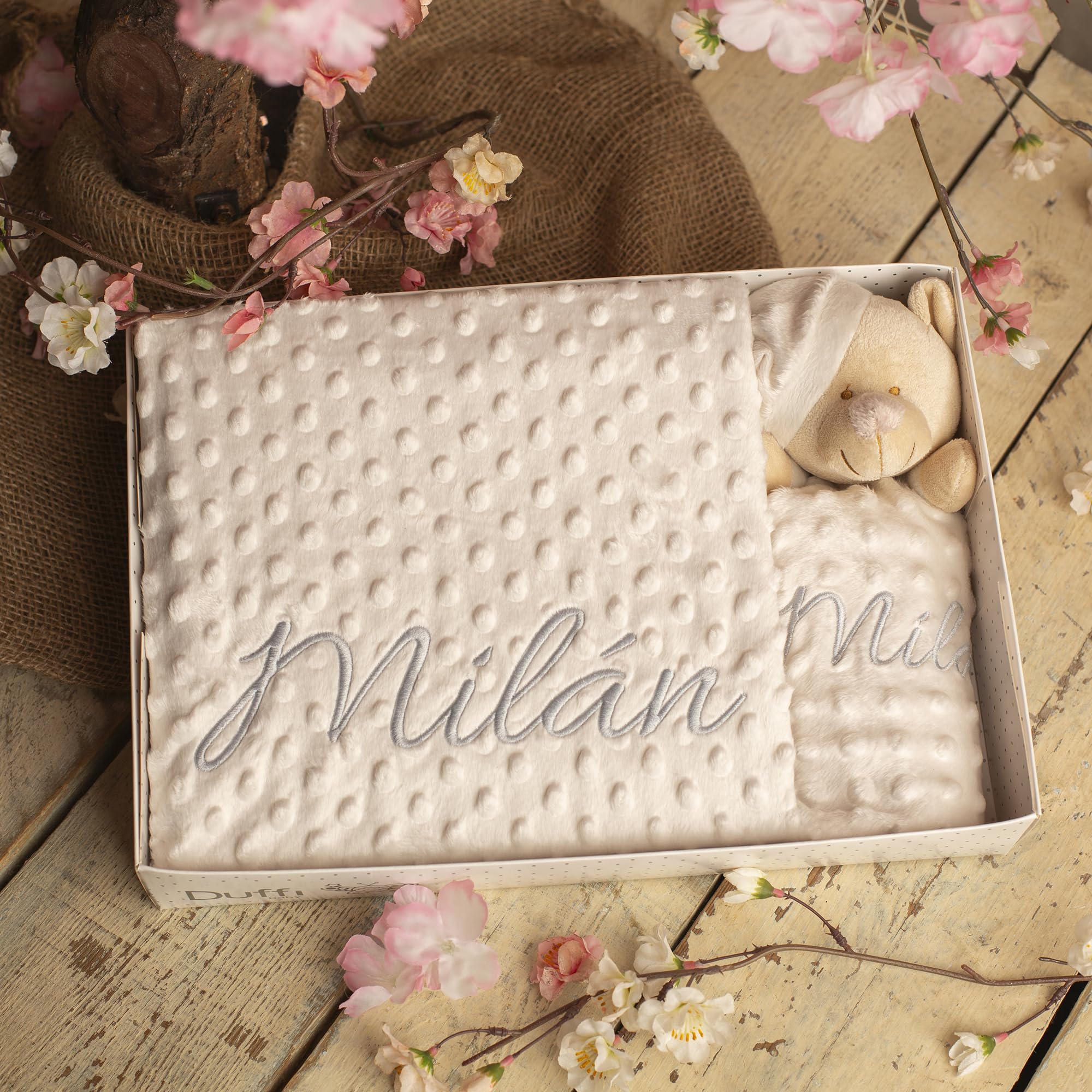 variouss Coperta per neonati personalizzata con nome ricamato, pile ultra morbido con piumone, regalo di nascita, battesimo, baby shower, ragazza e ragazzo (coperta + doudou)